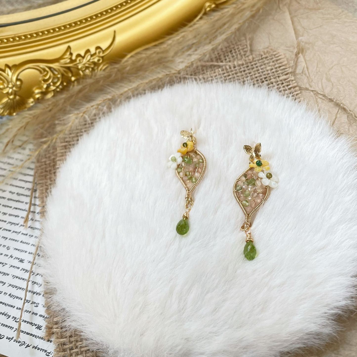 Handmade Wire Wrapped Peridot Citrine and Sunstone Fresh Bloom Leaf with Flowers Earrings