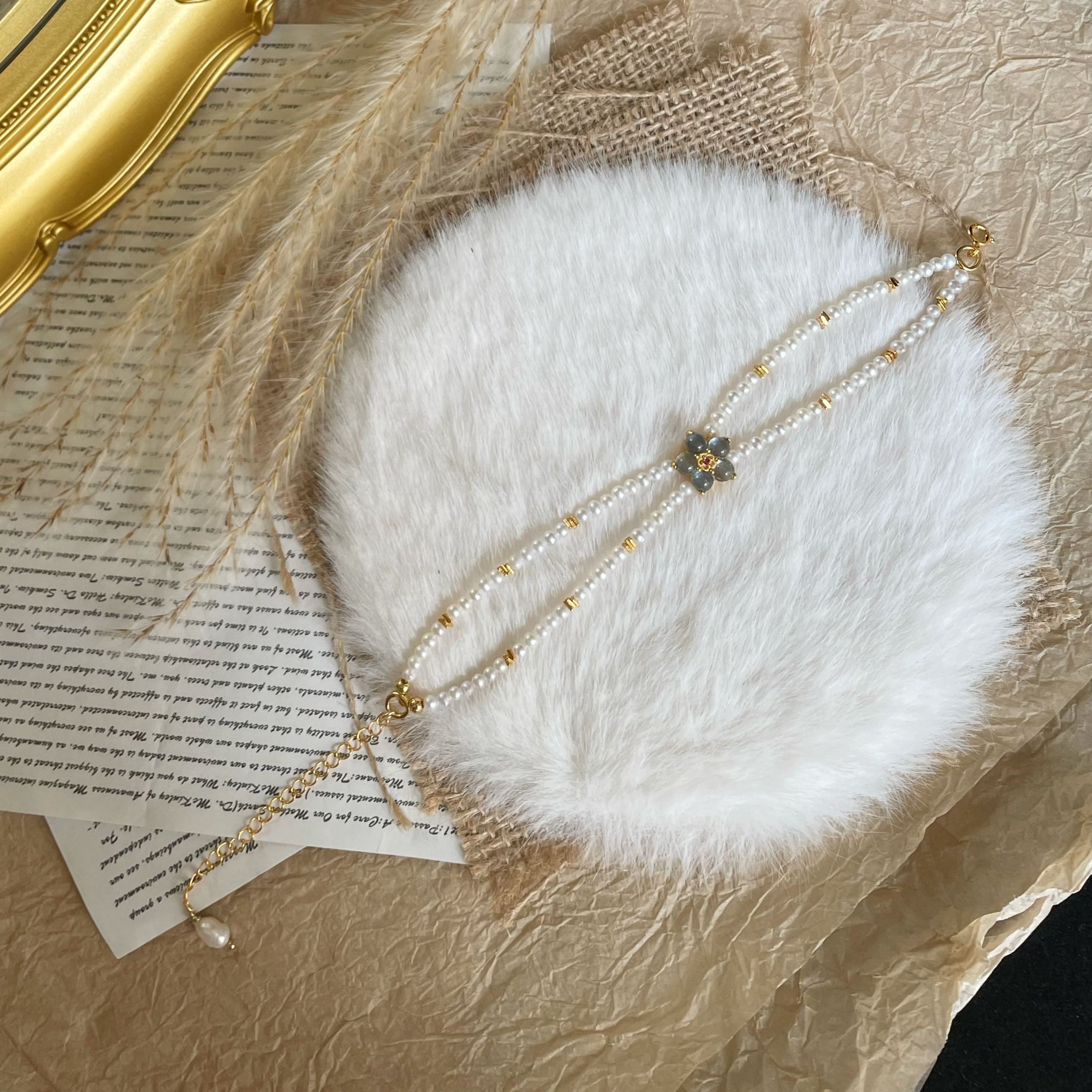 Handmade Galaxy Bloom Double Layer Freshwater Pearl Bracelet with Aquamarine Flower