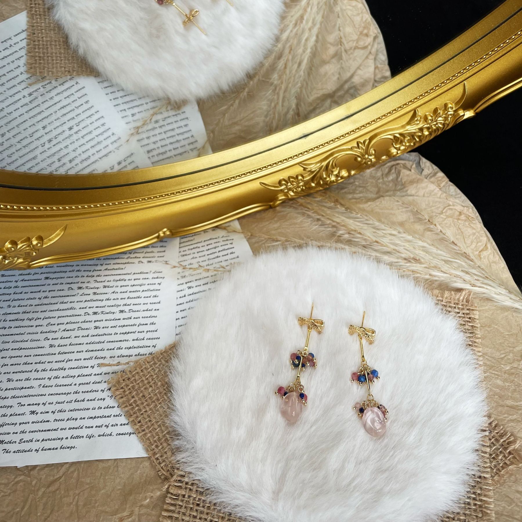 Handmade Dainty Pink Tourmaline and Lapis Lazuli Layered Tassel with Rose Quartz Dangle Drop Earrings