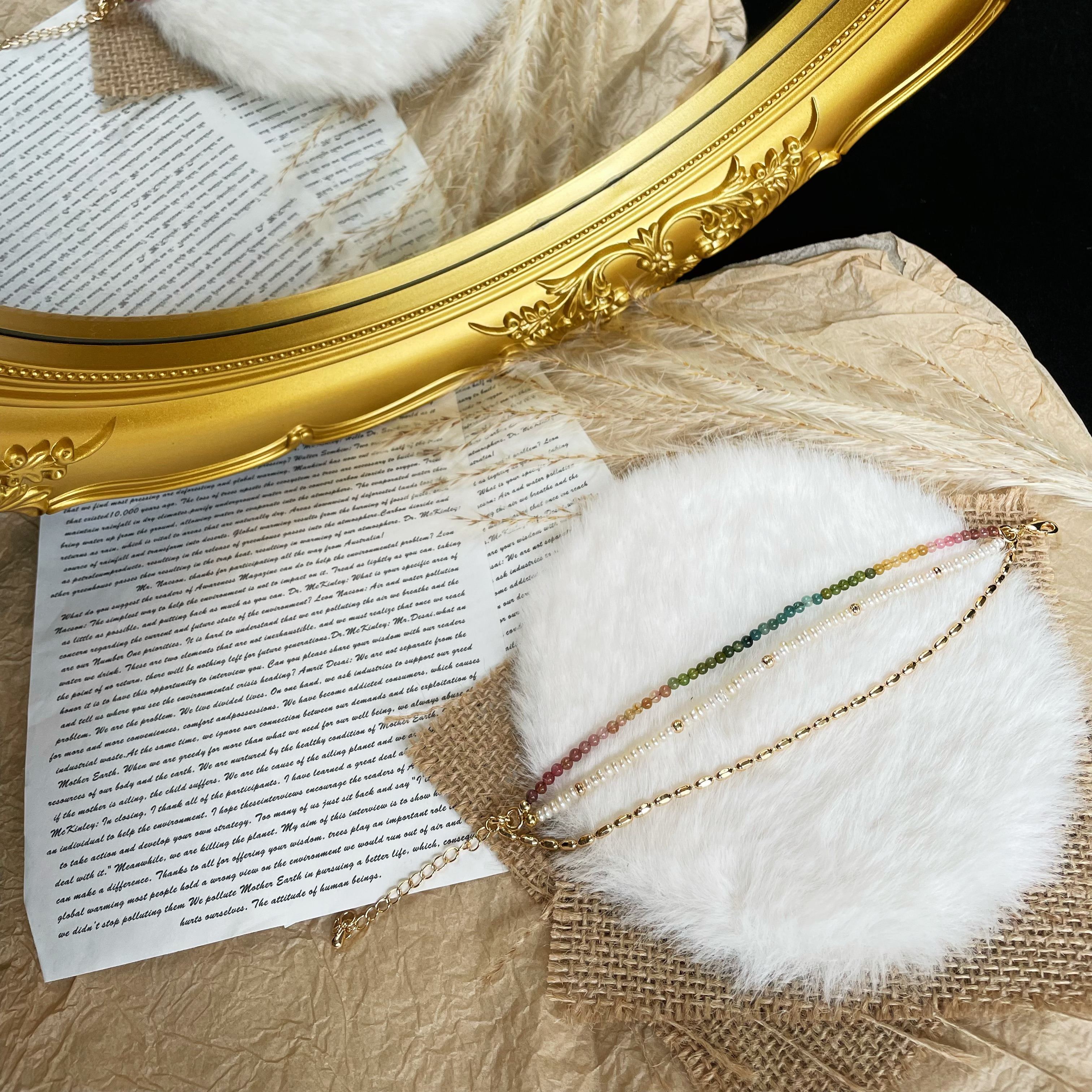 Handmade Tourmaline and Pearl Layered Bracelet with Gold Rice Chain Colorful Gemstone Dainty Bracelet