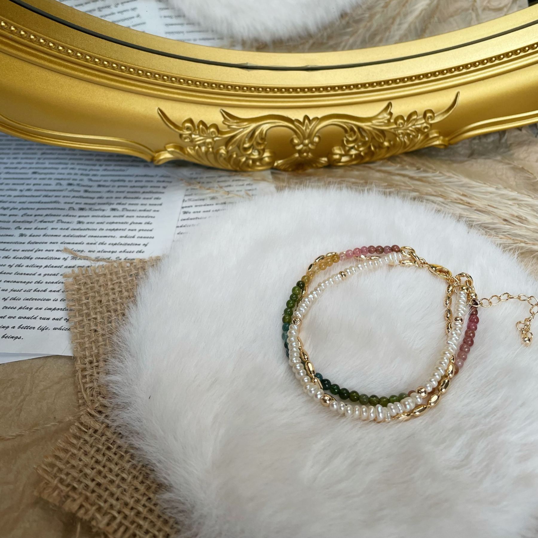 Handmade Tourmaline and Pearl Layered Bracelet with Gold Rice Chain Colorful Gemstone Dainty Bracelet