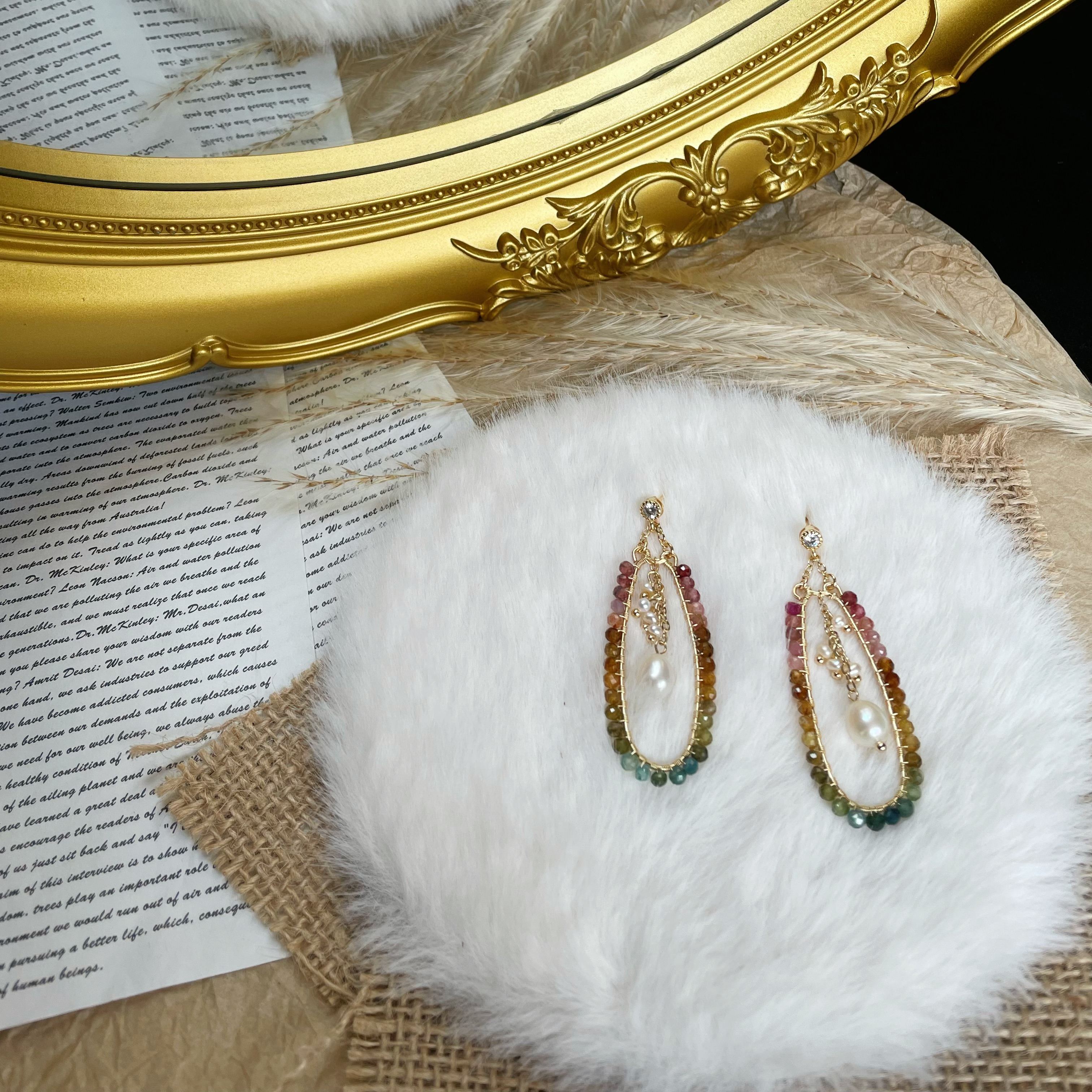 Handmade Wire Wrapped Color Gradient Tourmaline Hoop Earrings with Freshwater Pearl Tassel