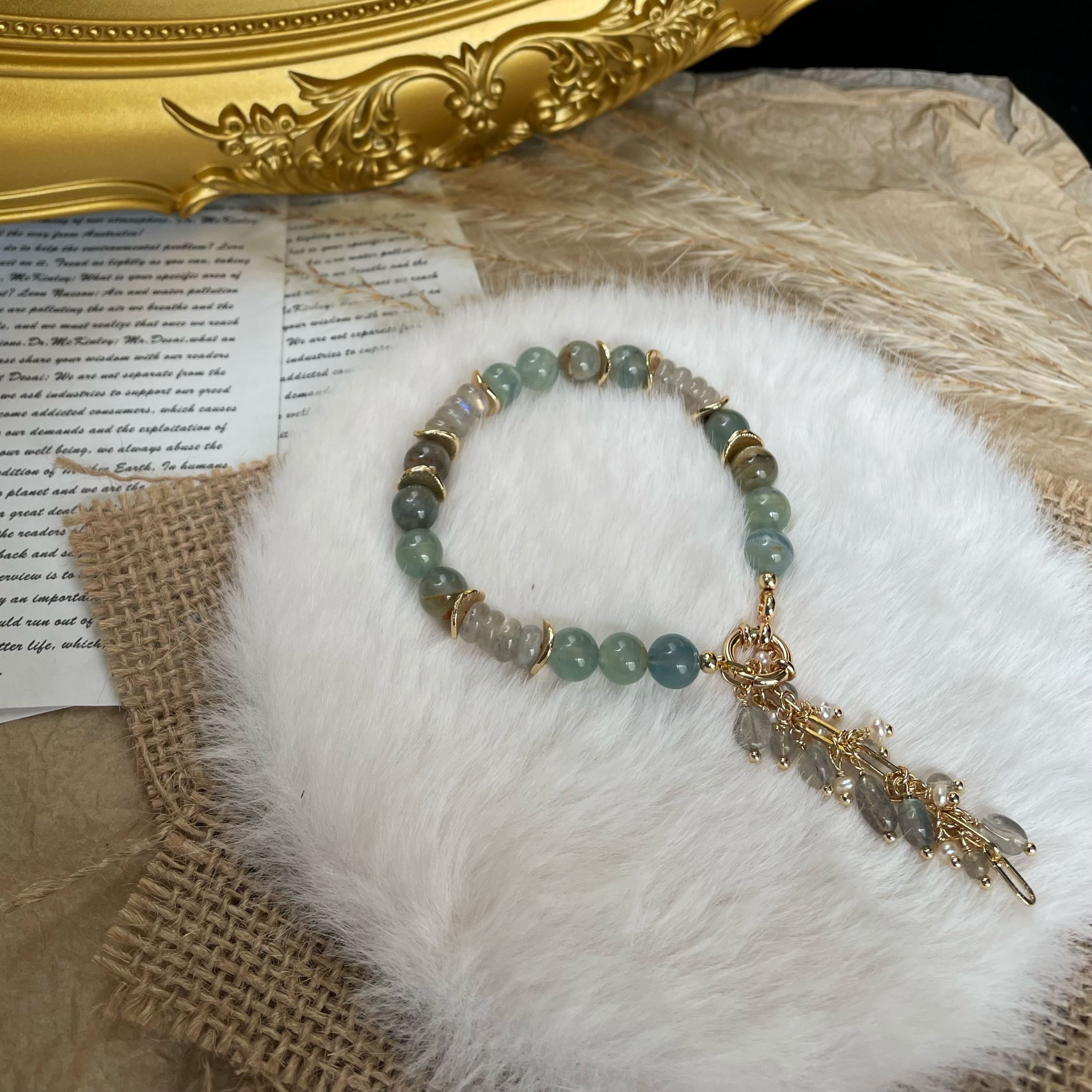 Handmade Mystic Labradorite and Blue Calcite Bracelet with Dainty Tassel