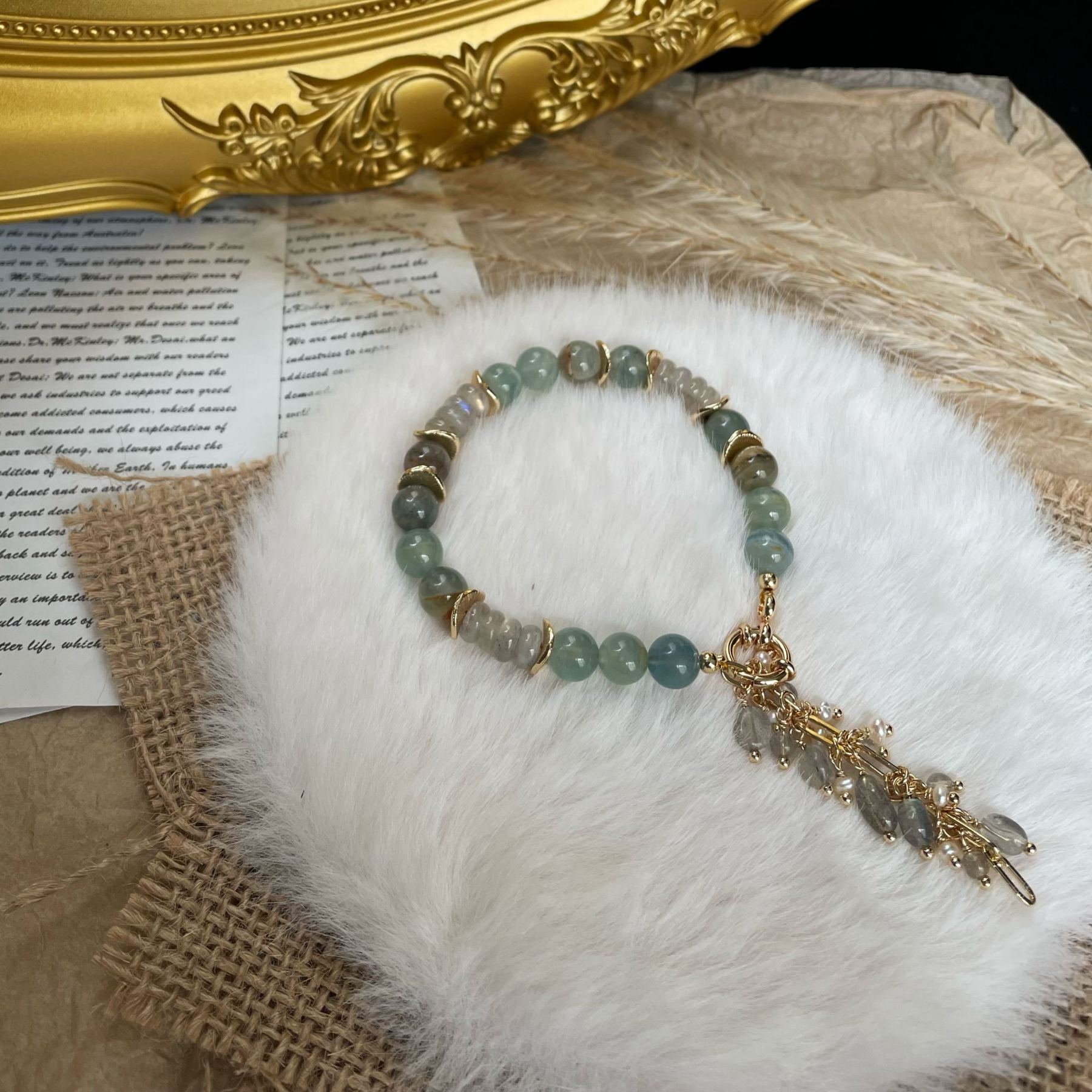 Handmade Mystic Labradorite and Blue Calcite Bracelet with Dainty Tassel