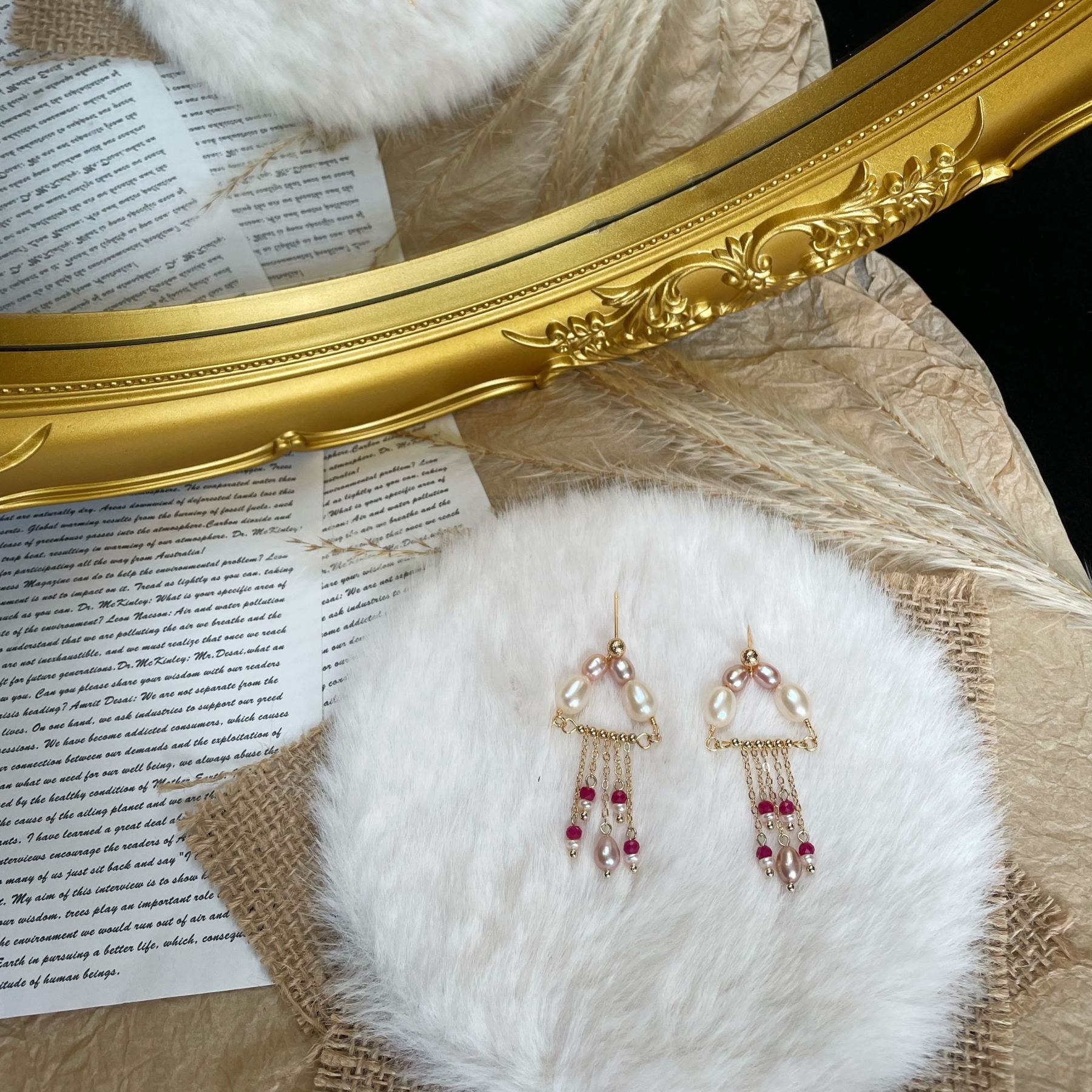 Handmade Pink Jellyfish Inspired Pearl and Ruby Tassel Drop Earrings