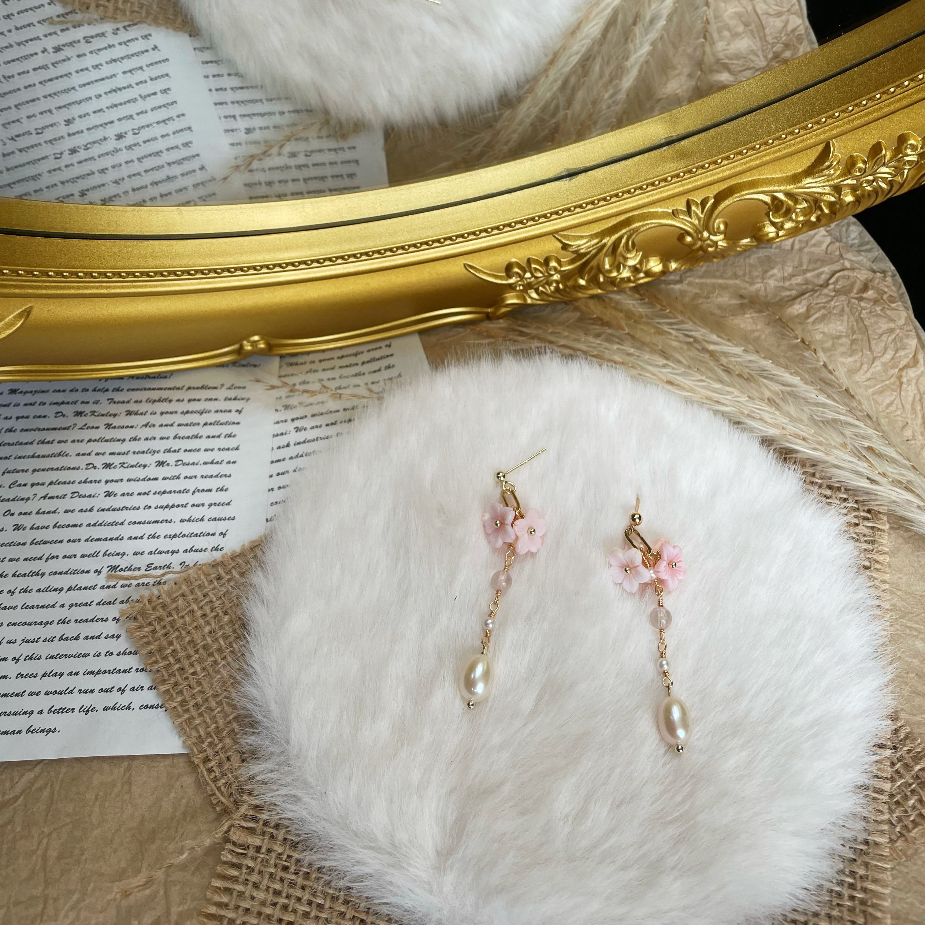 Handmade Romantic Floral Pink Mother of Pearl Flowers and Pearl Drop Earrings