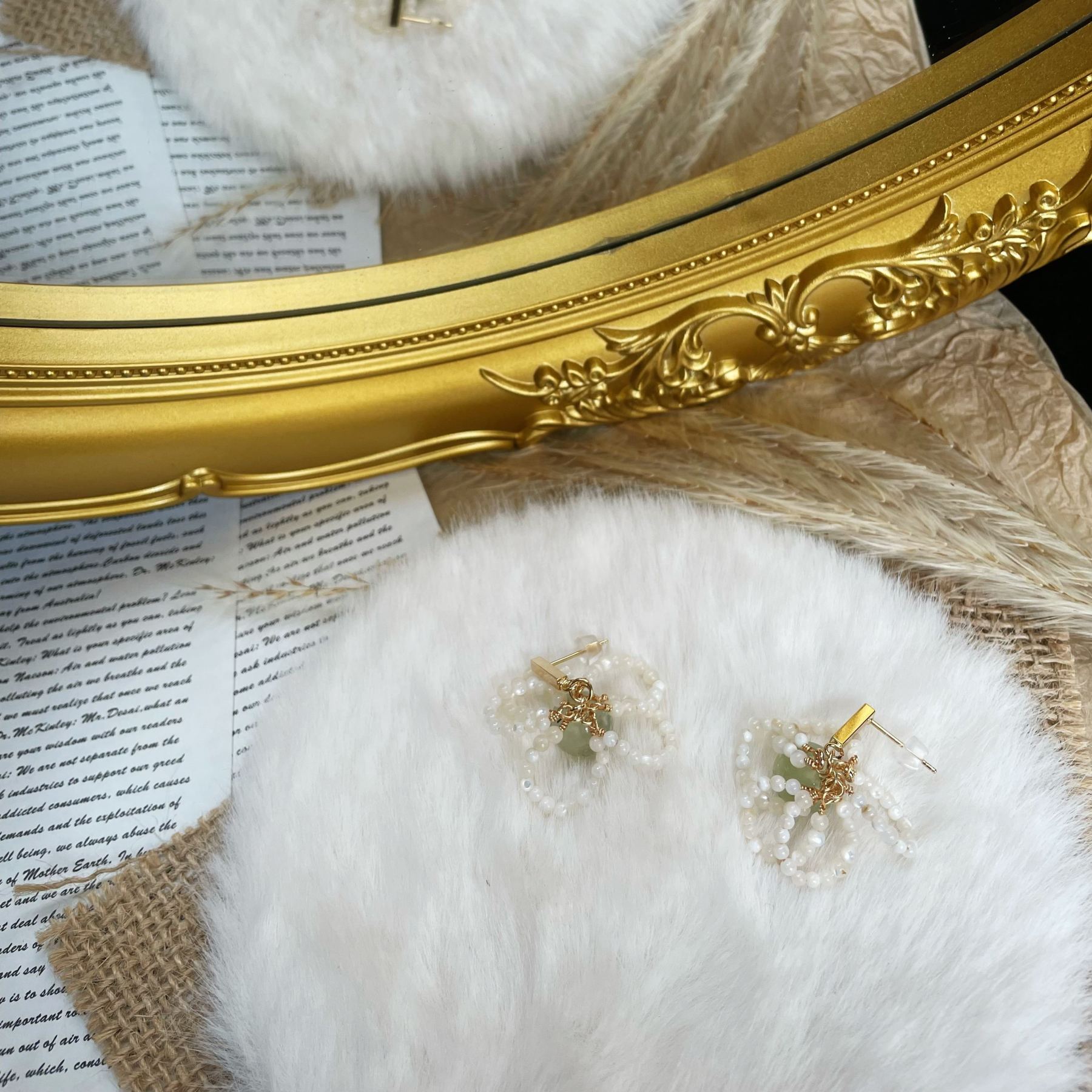 Handmade Fresh Floral Drop Earrings Mother of Pearl Petals and Green Prehnite Center