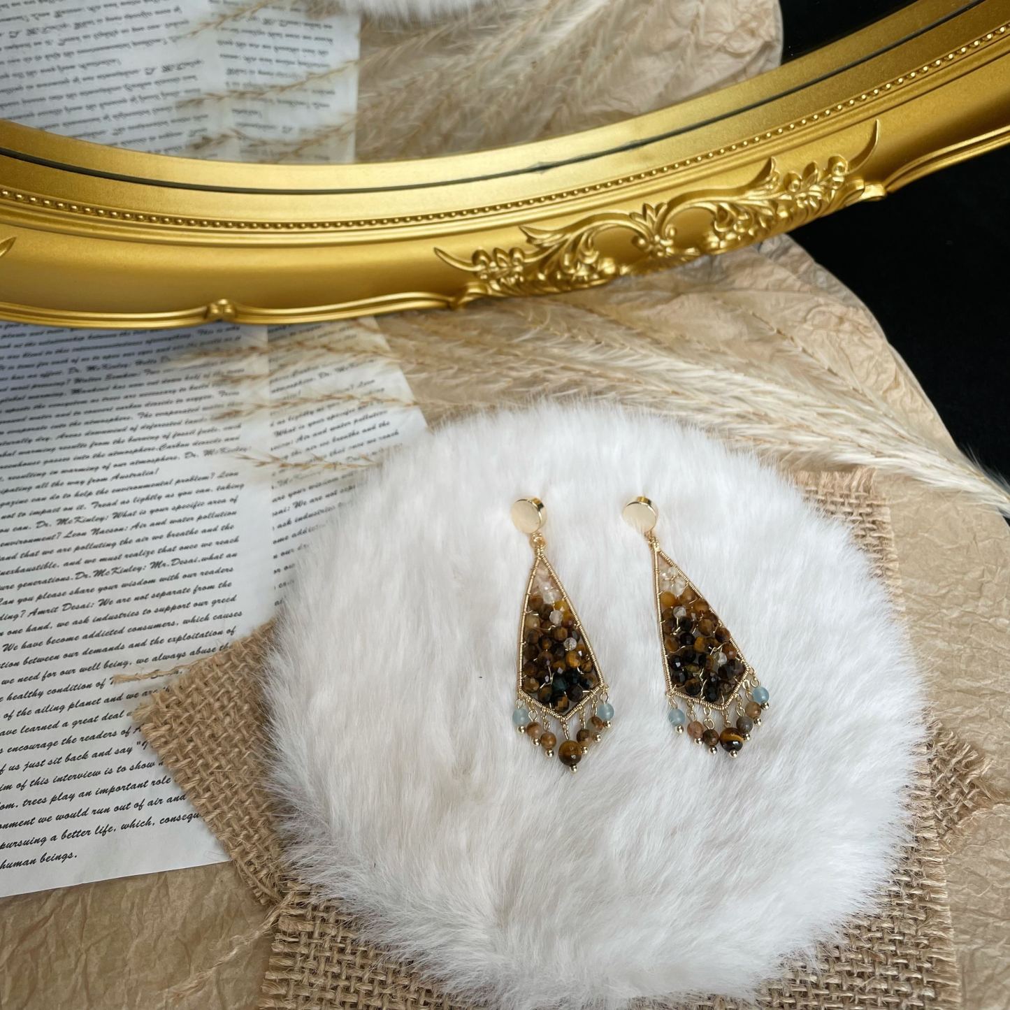 Handmade Autumn Statement Tiger’s Eye Geometric Wire Wrapped Earrings