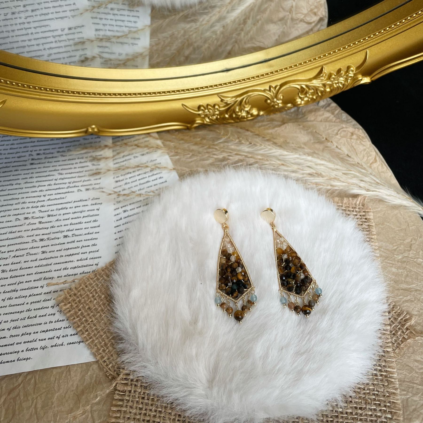 Handmade Autumn Statement Tiger’s Eye Geometric Wire Wrapped Earrings