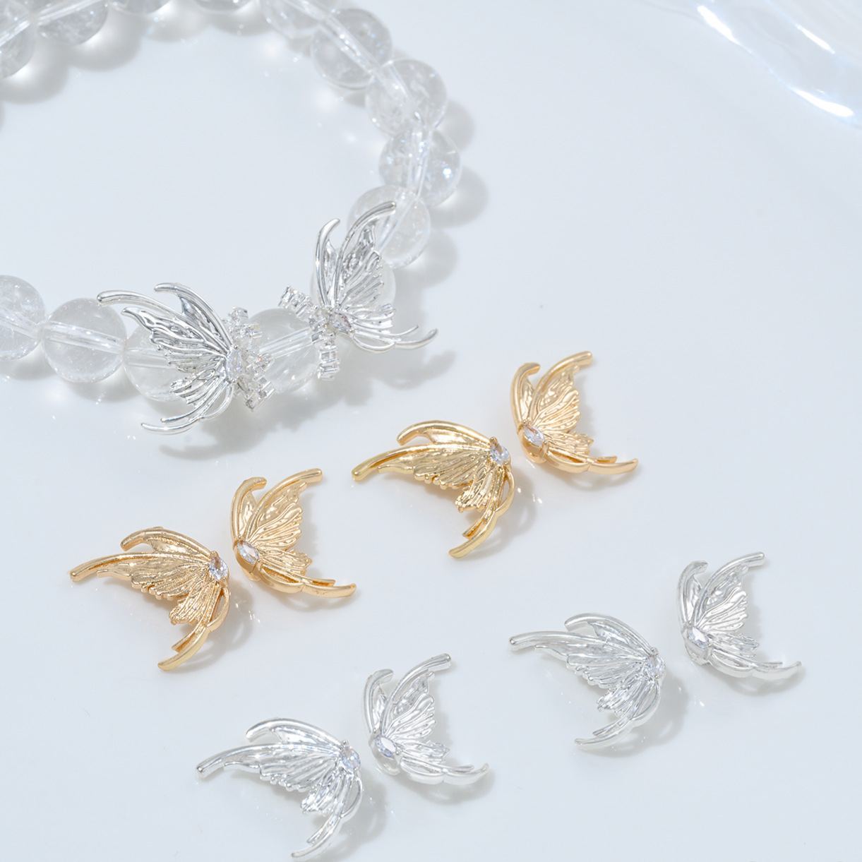 Cubic Zirconia Inlaid Wings of Butterfly Spacer Beads 1 Pair