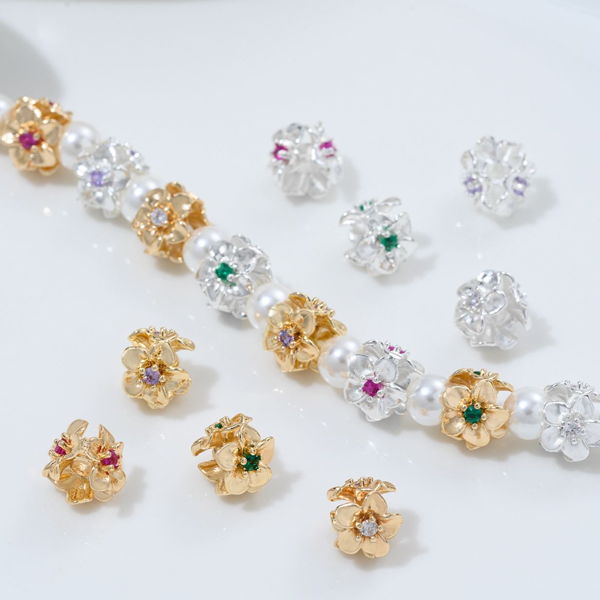 Flower Loop Zirconia Inlaid Gold Plated Cylindrical Wheel Spacer Beads Multiple Color