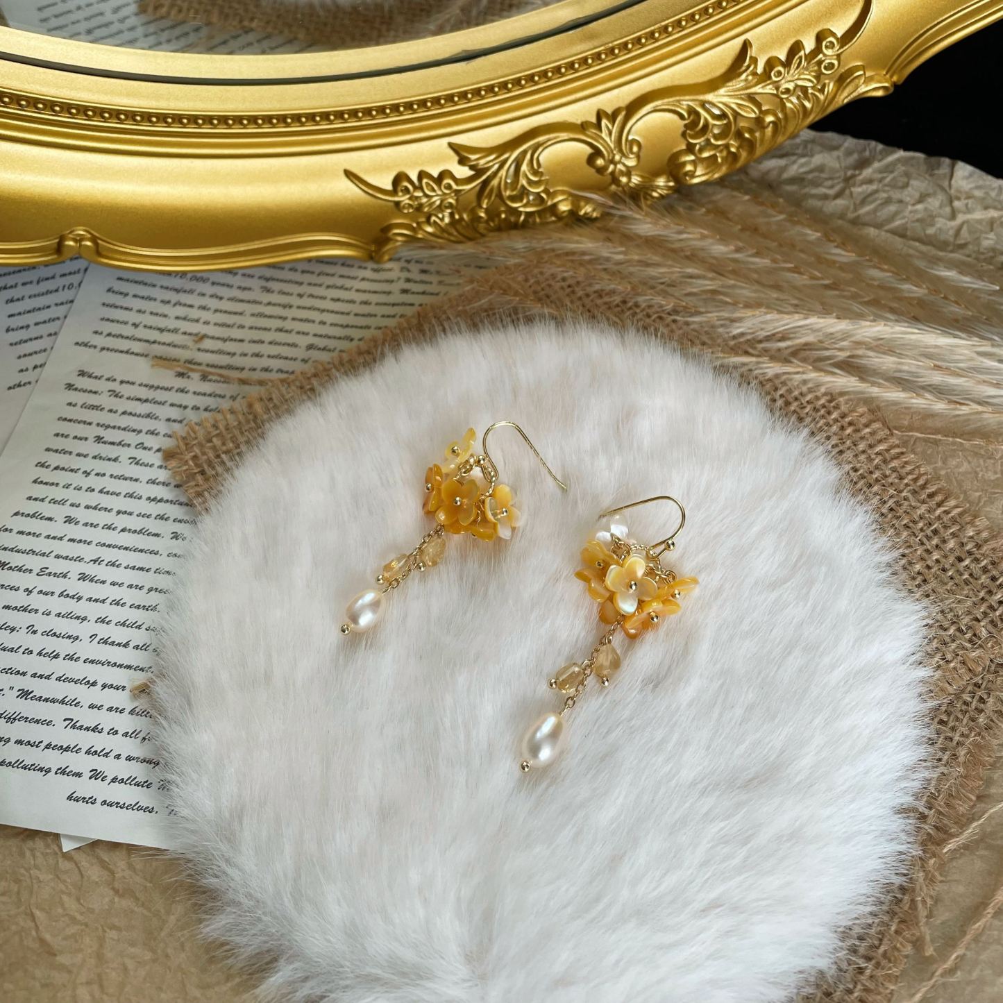 Handmade Osmania Blossom Yellow Shell Flower with Citrine and Pearl Drops