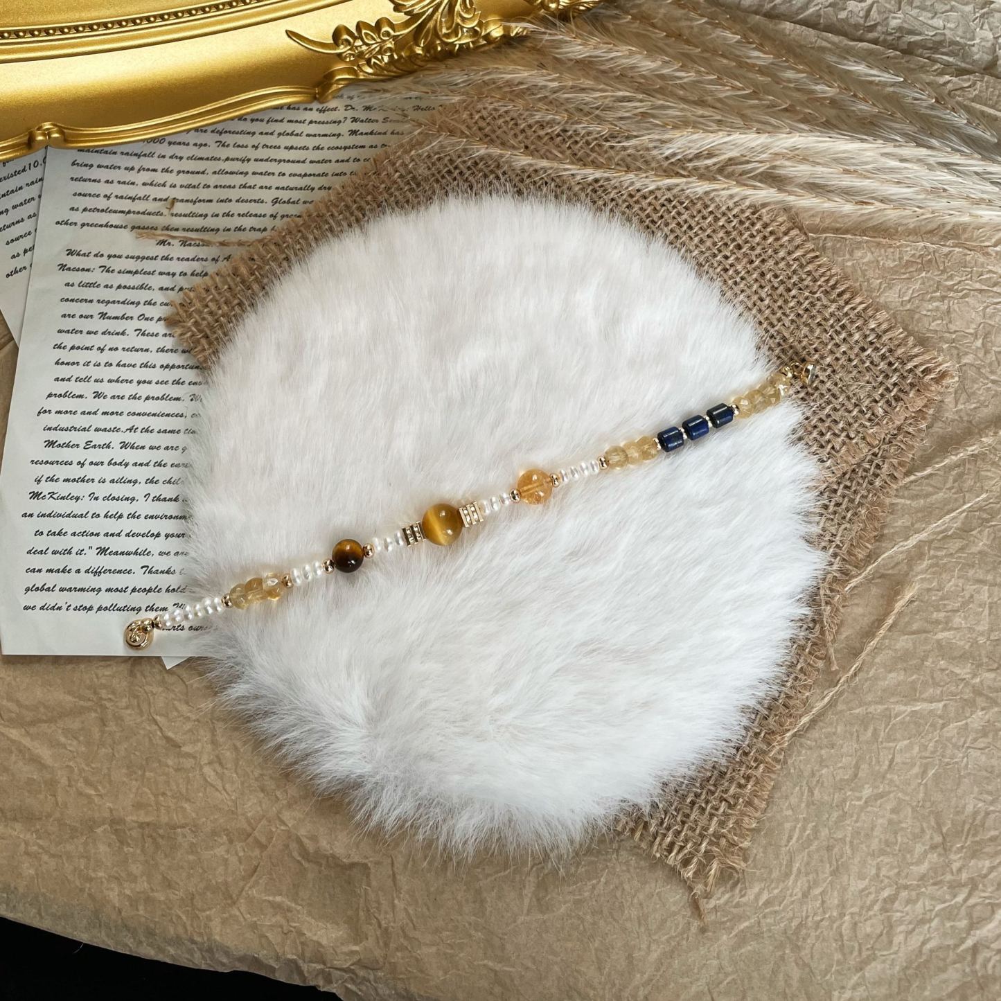 Handmade Planetary Energy Bracelet Made of Citrine, Lapis Lazuli, Tiger’s Eye and Freshwater Pearl