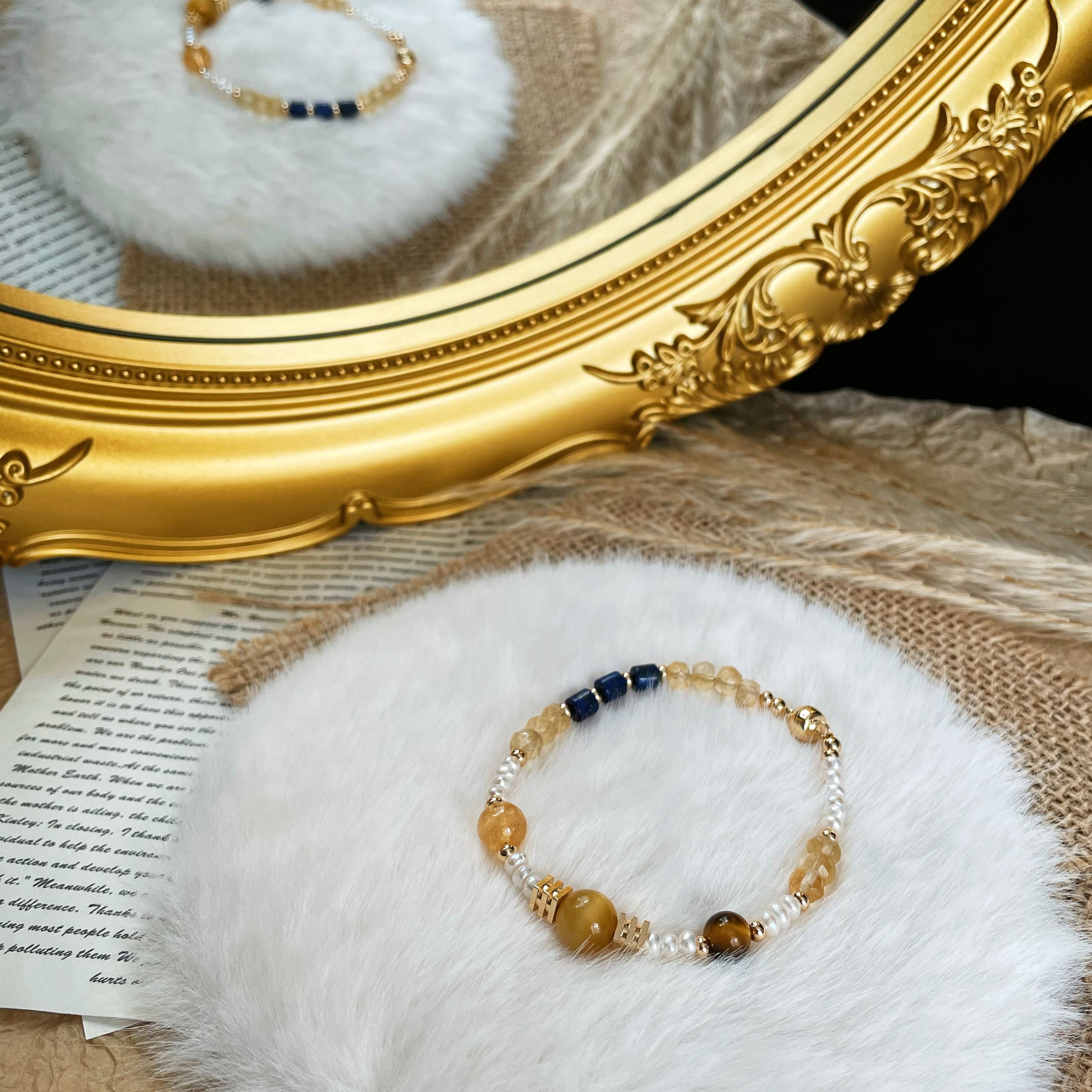 Handmade Planetary Energy Bracelet Made of Citrine, Lapis Lazuli, Tiger’s Eye and Freshwater Pearl