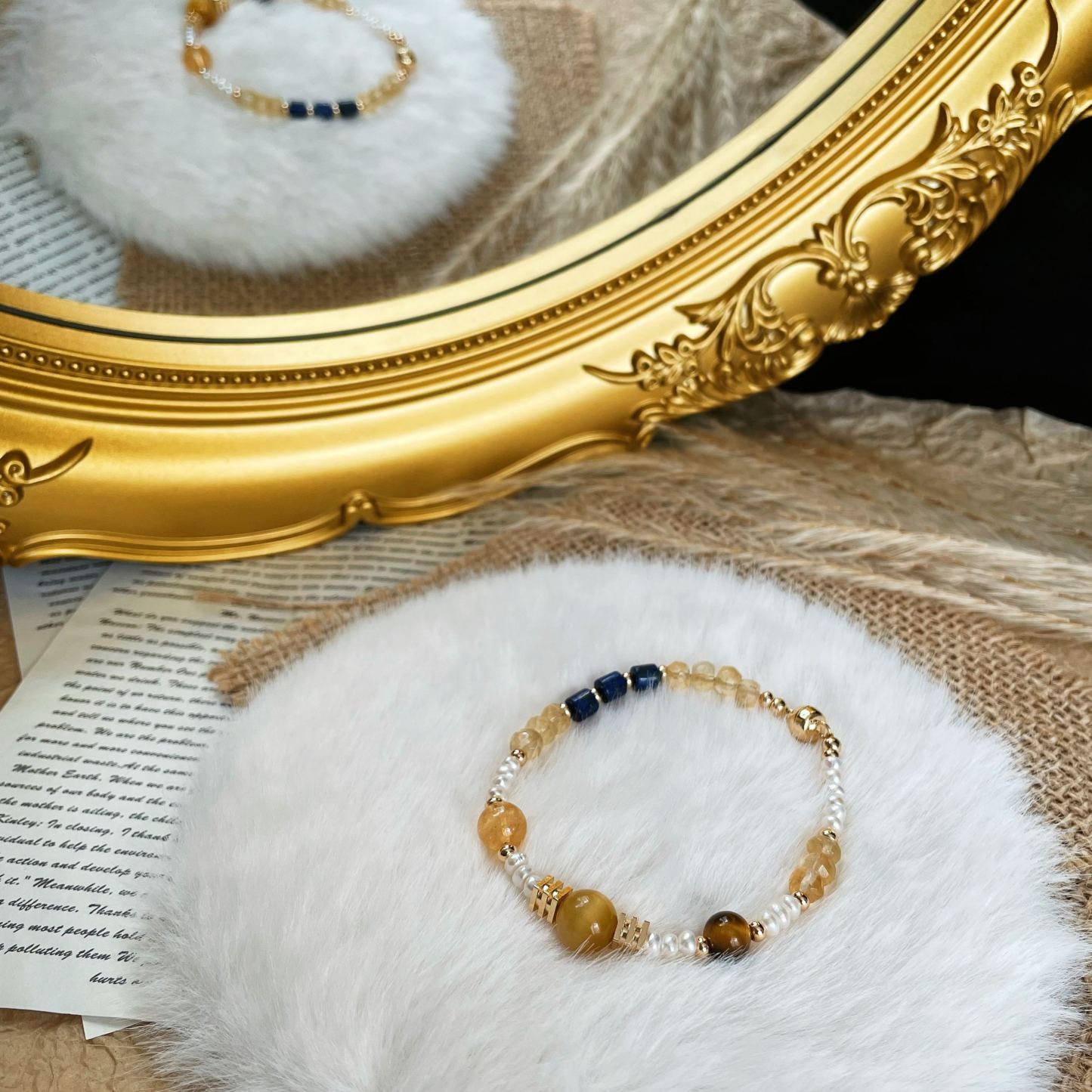 Handmade Planetary Energy Bracelet Made of Citrine, Lapis Lazuli, Tiger’s Eye and Freshwater Pearl