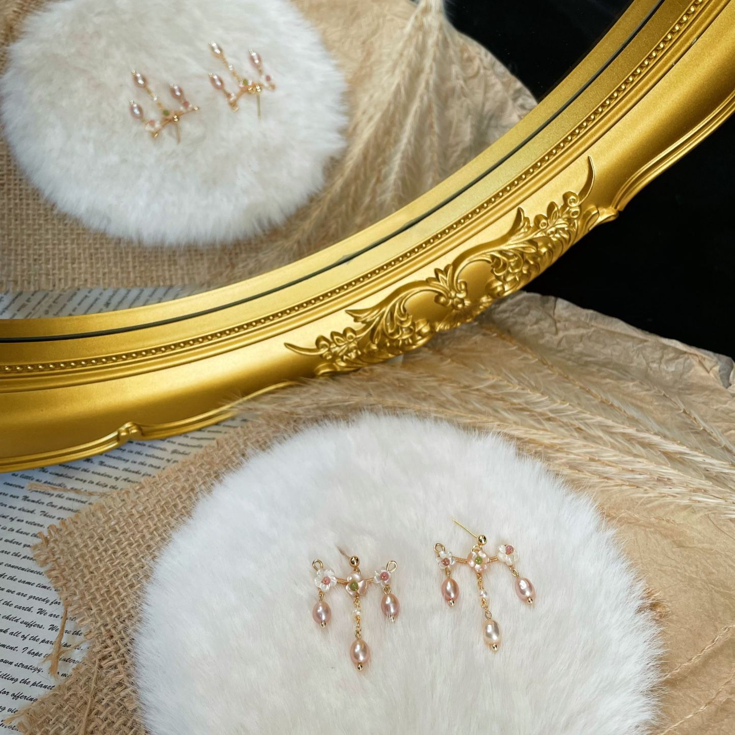 Handmade Ear Cuff Floral Earrings Mother-of-Pearl Blossoms with Tourmaline Centers and Lilac Pearl Tassels