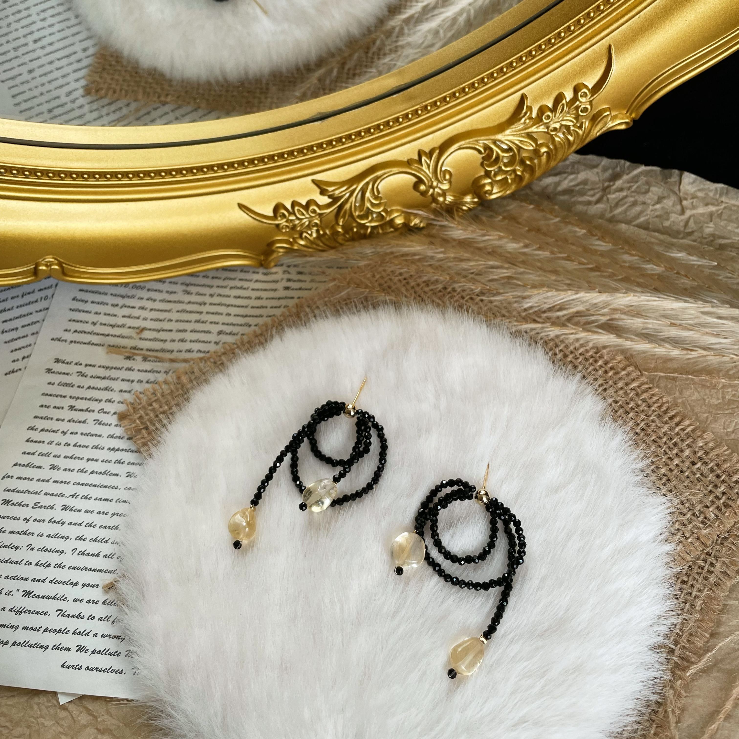 Handmade Black Spinel Layered Hoop Earrings with Citrine Drops