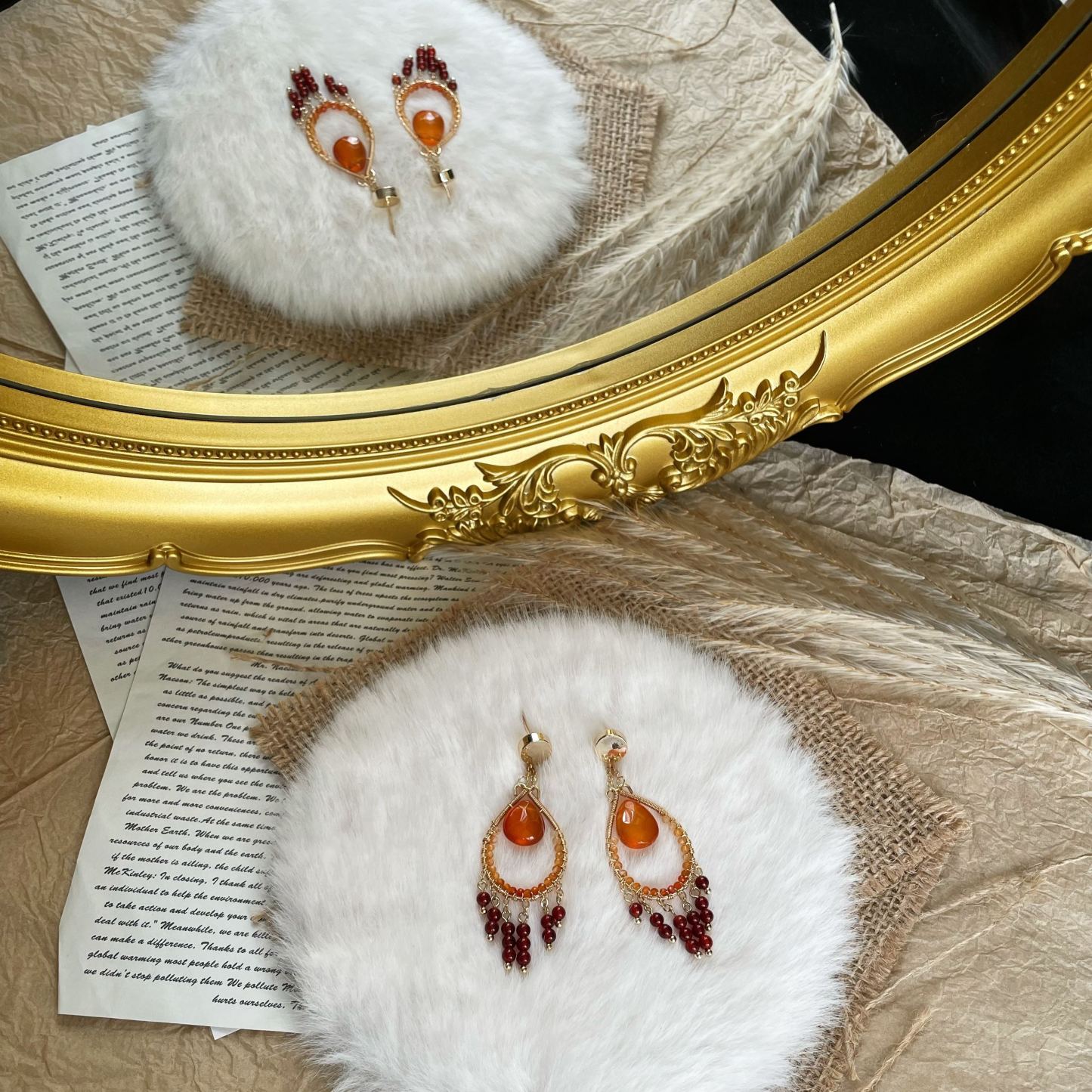 Handmade Carnelian Wirewrapped Teardrop Earrings with Carnelian Teardrop Center and Tassel 