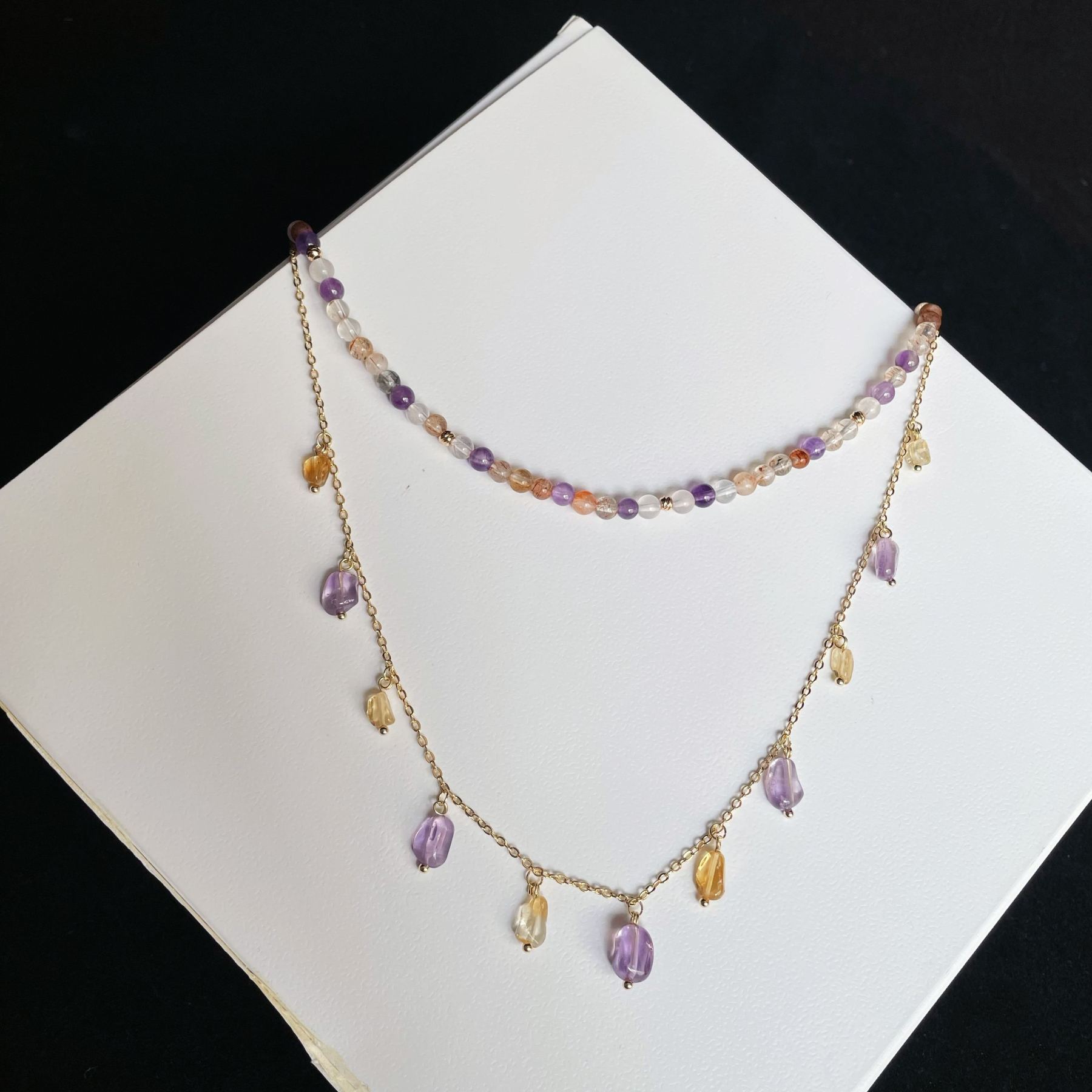 Handmade Dainty Layered Necklace Super Seven Crystal Choker and Amethyst Citrine Drop Necklace