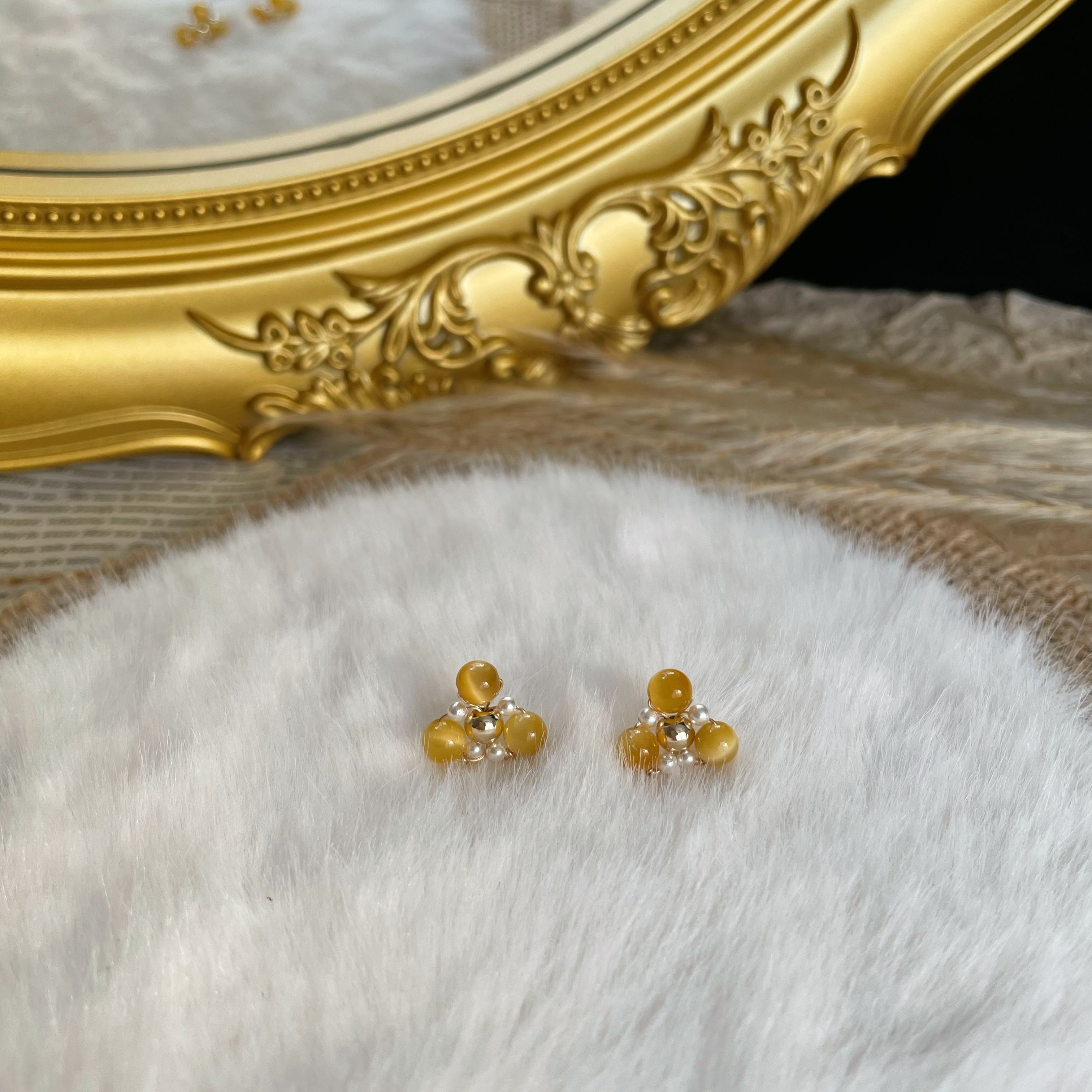 Handmade Minimalist Golden Tiger’s Eye and Pearl Triangle Stud Earrings