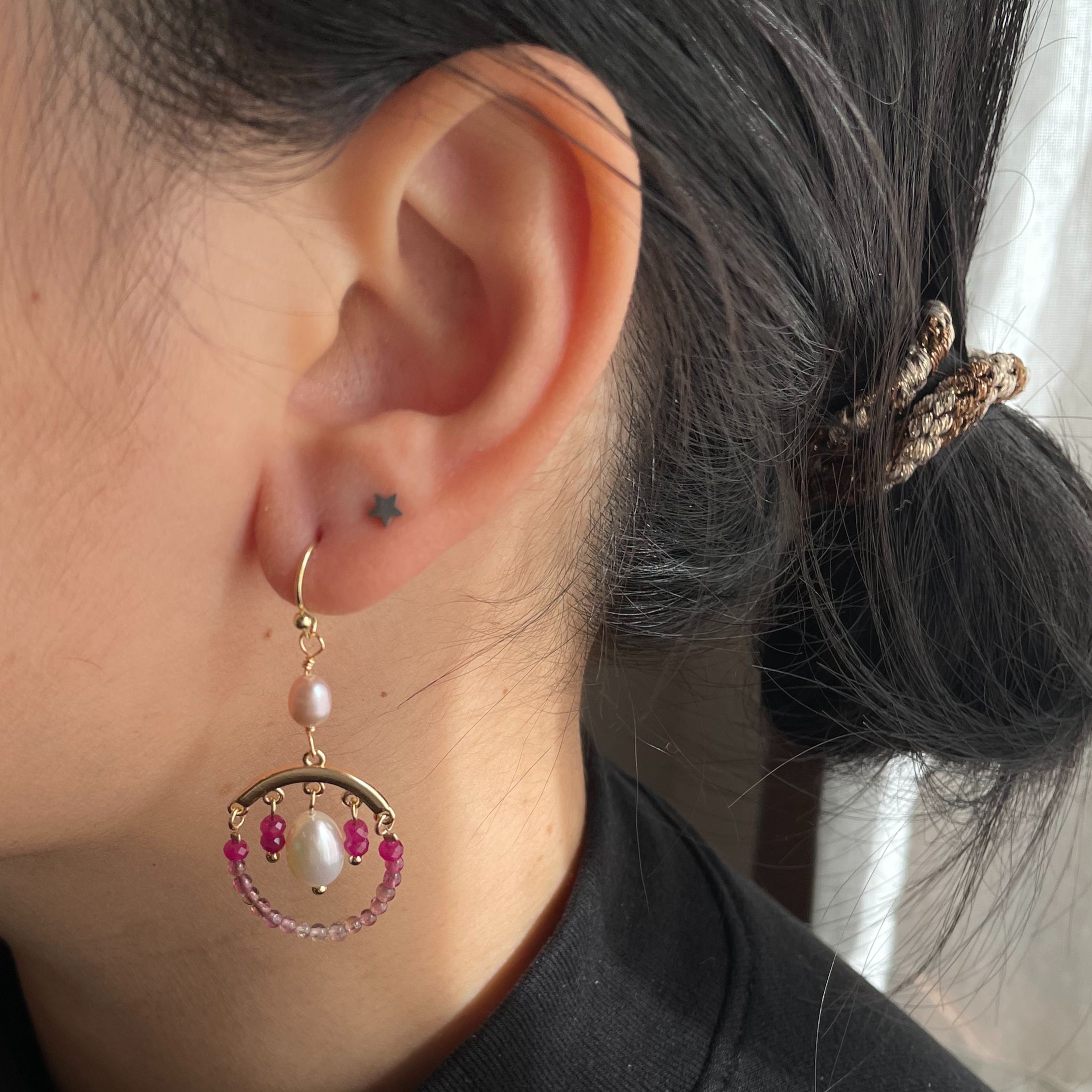 Handmade Pink Bubble Ruby and Tourmaline Hoop Earrings with Freshwater Pearl Drop 