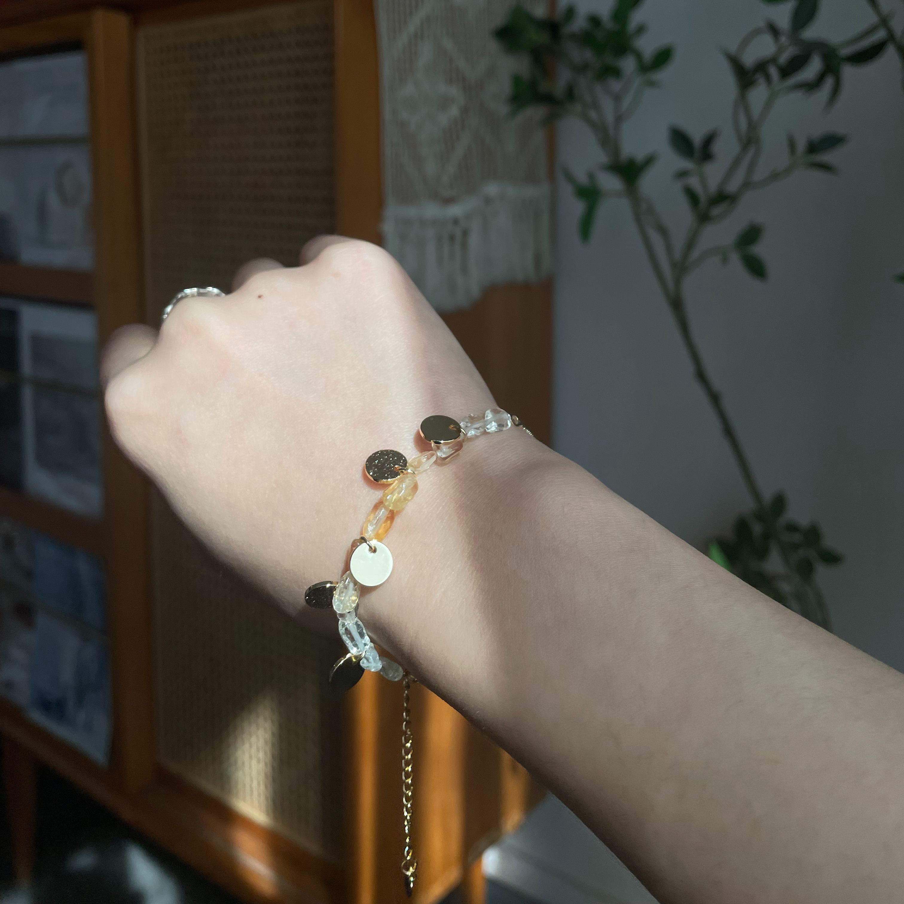 Handmade Asymmetrical Irregular Citrine Beads Bracelet with Gold Disc Charms
