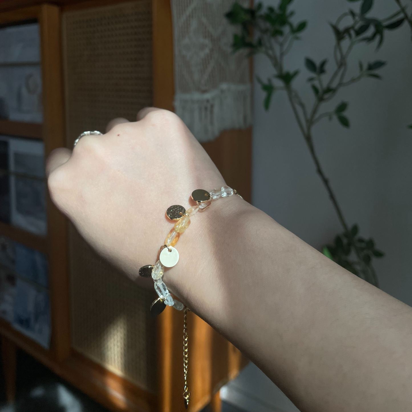 Handmade Asymmetrical Irregular Citrine Beads Bracelet with Gold Disc Charms