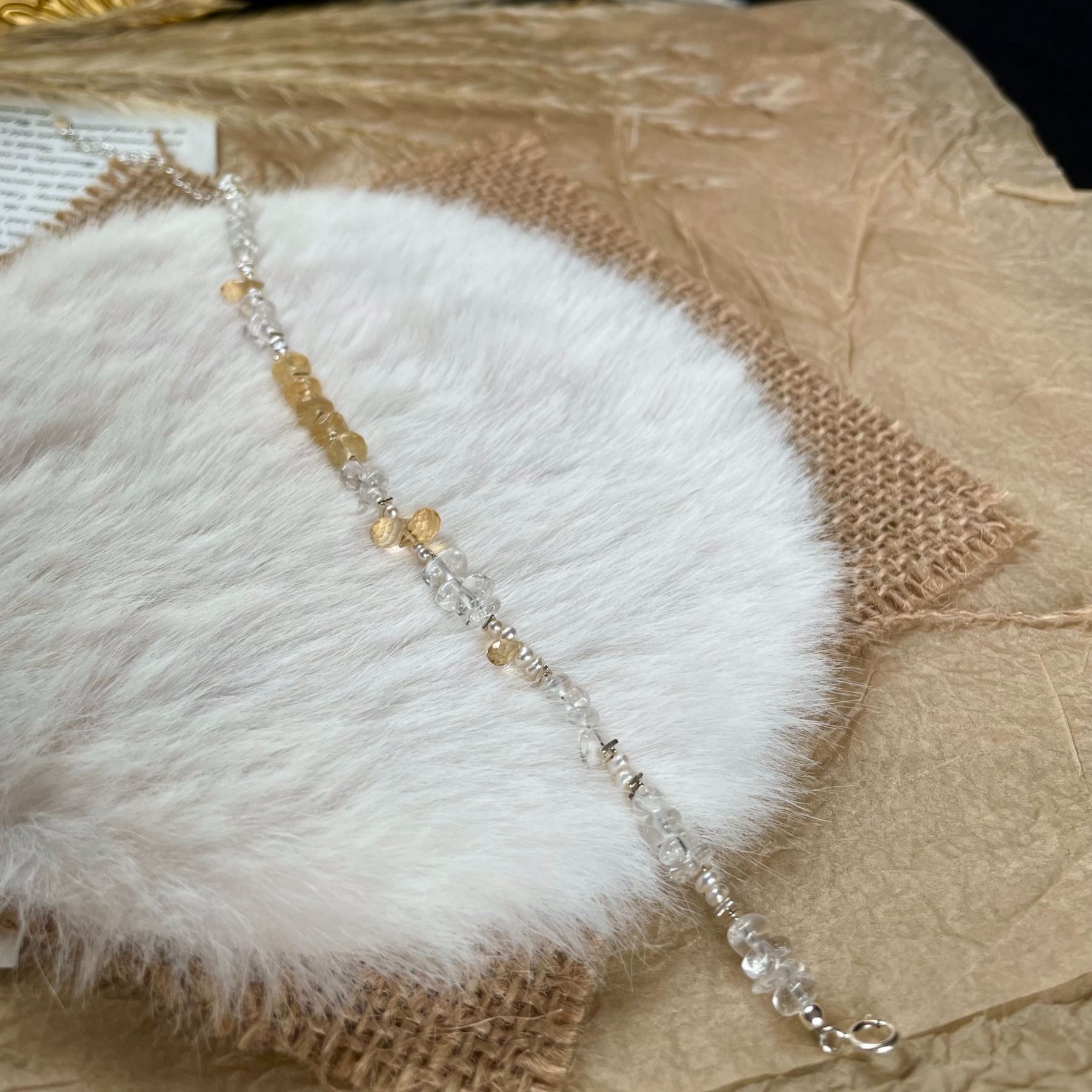 Sunlit Gold Meets Crystal Clarity Handmade Clear Quartz, Citrine, Freshwater Pearl and Sterling Silver Bracelet