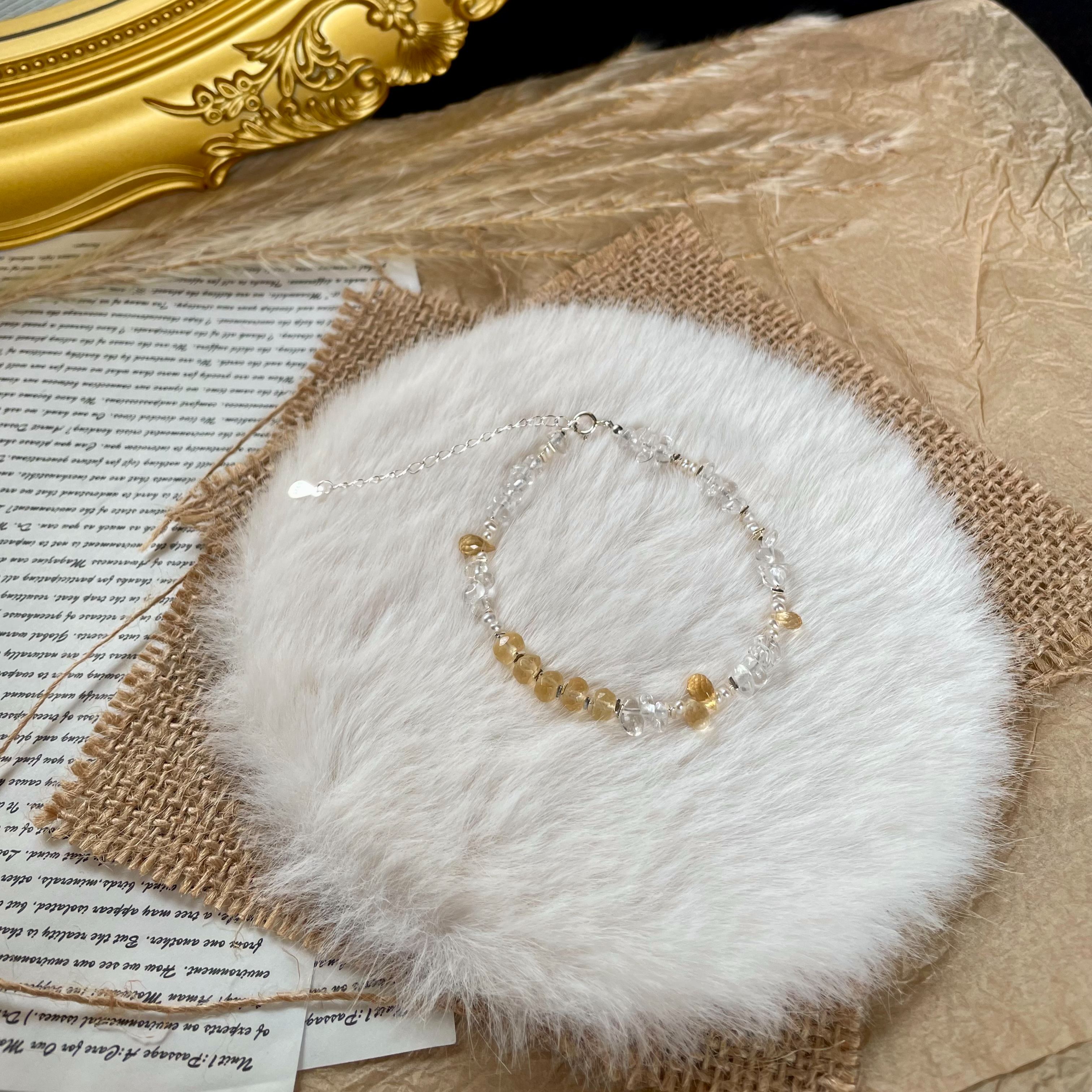 Sunlit Gold Meets Crystal Clarity Handmade Clear Quartz, Citrine, Freshwater Pearl and Sterling Silver Bracelet