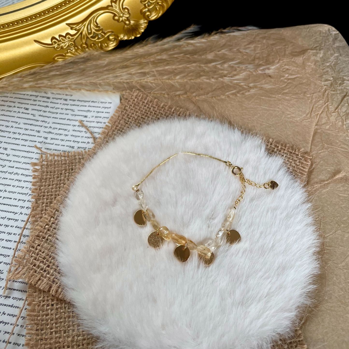 Handmade Asymmetrical Irregular Citrine Beads Bracelet with Gold Disc Charms