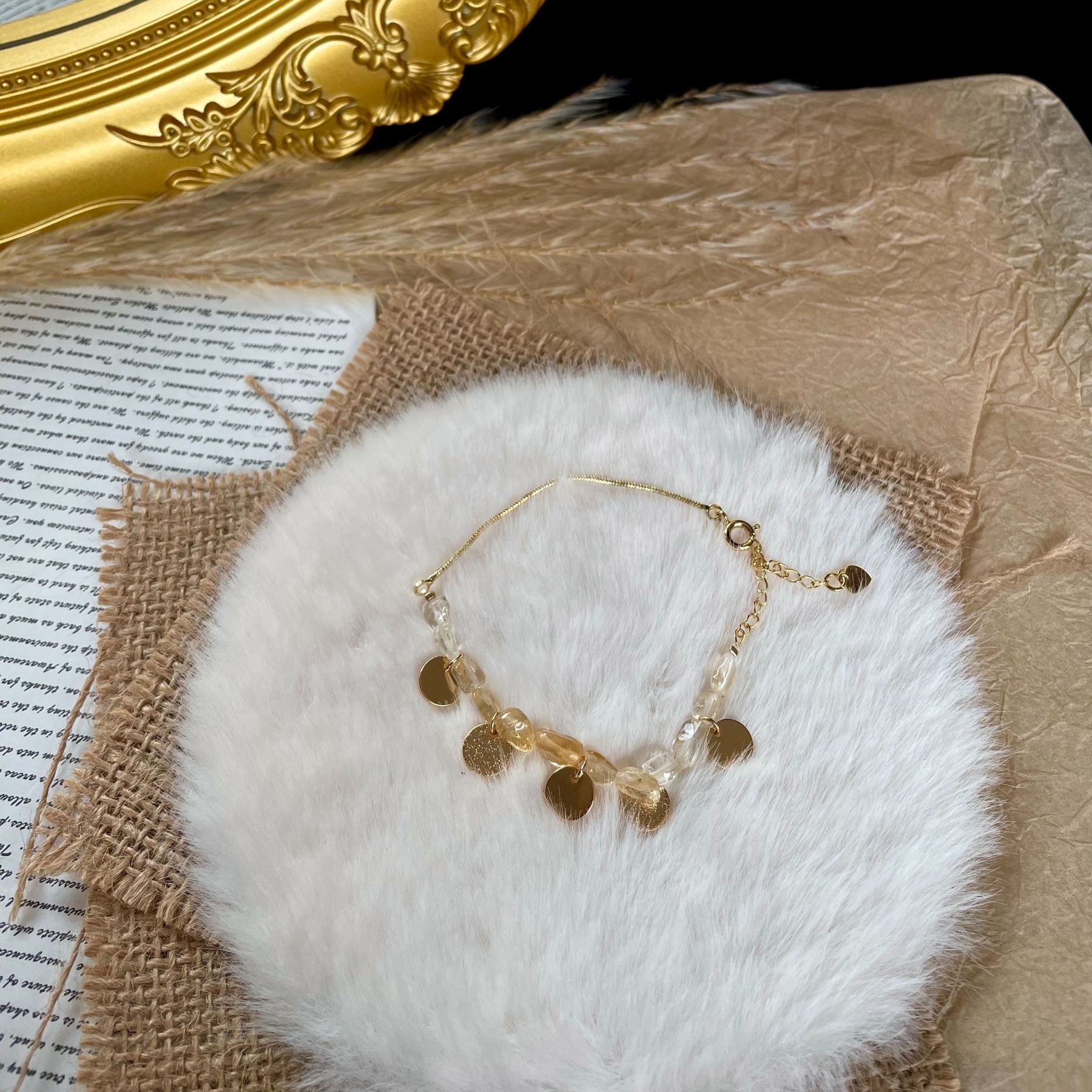 Handmade Asymmetrical Irregular Citrine Beads Bracelet with Gold Disc Charms