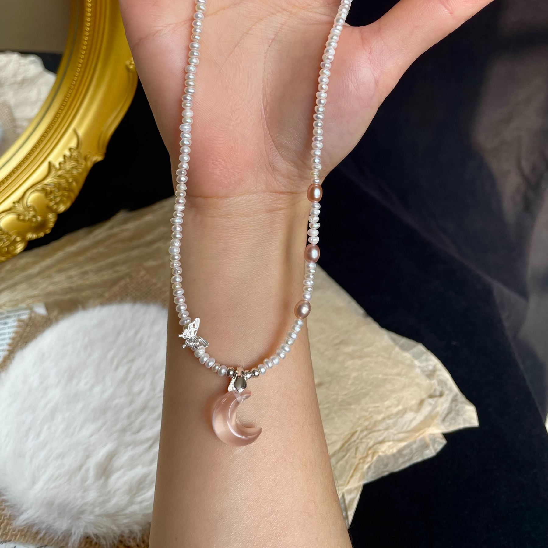 Handmade “Sweetheart” Pearls Short Necklace with Pink Rose Quartz Moon Pendant and Sterling Silver Butterfly