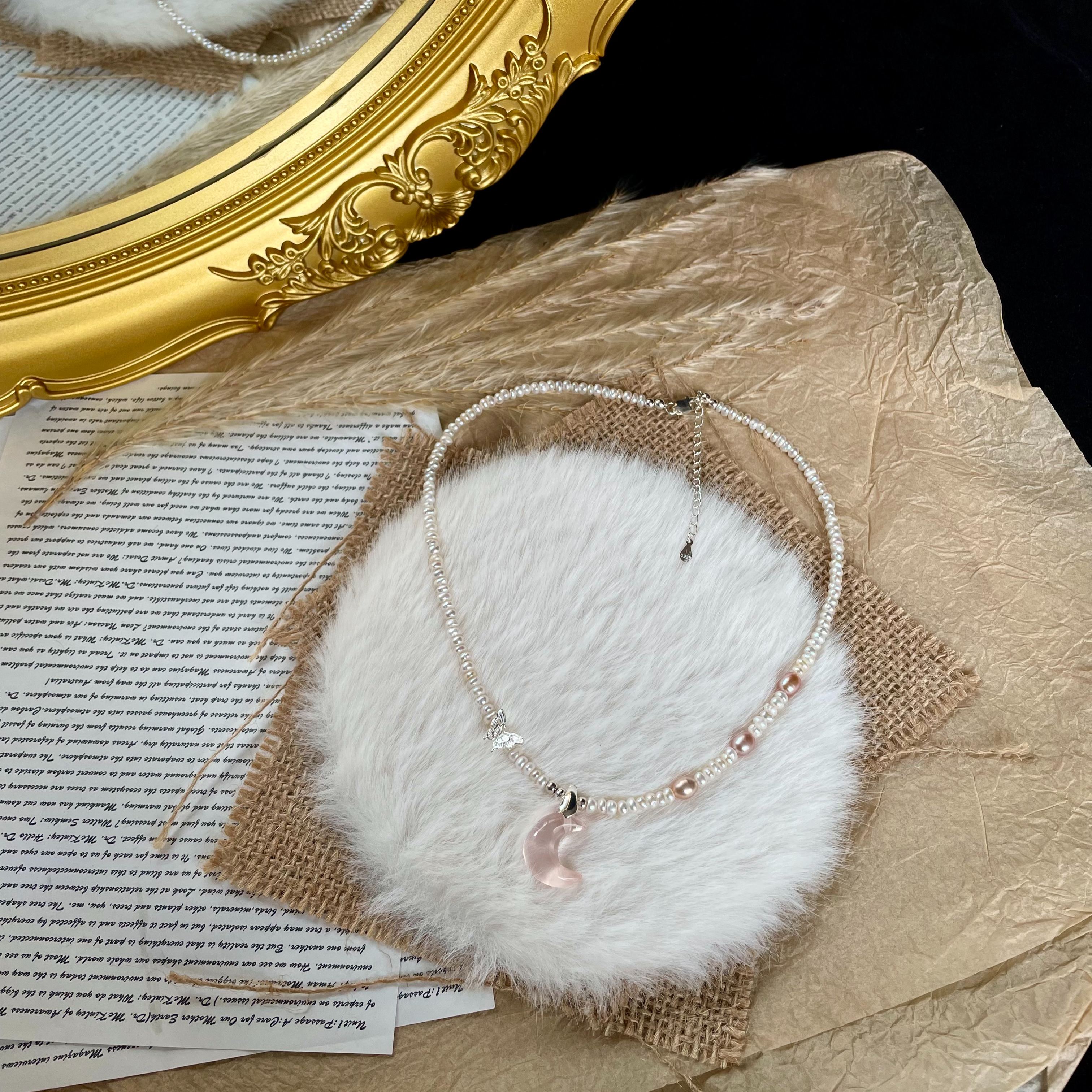 Handmade “Sweetheart” Pearls Short Necklace with Pink Rose Quartz Moon Pendant and Sterling Silver Butterfly