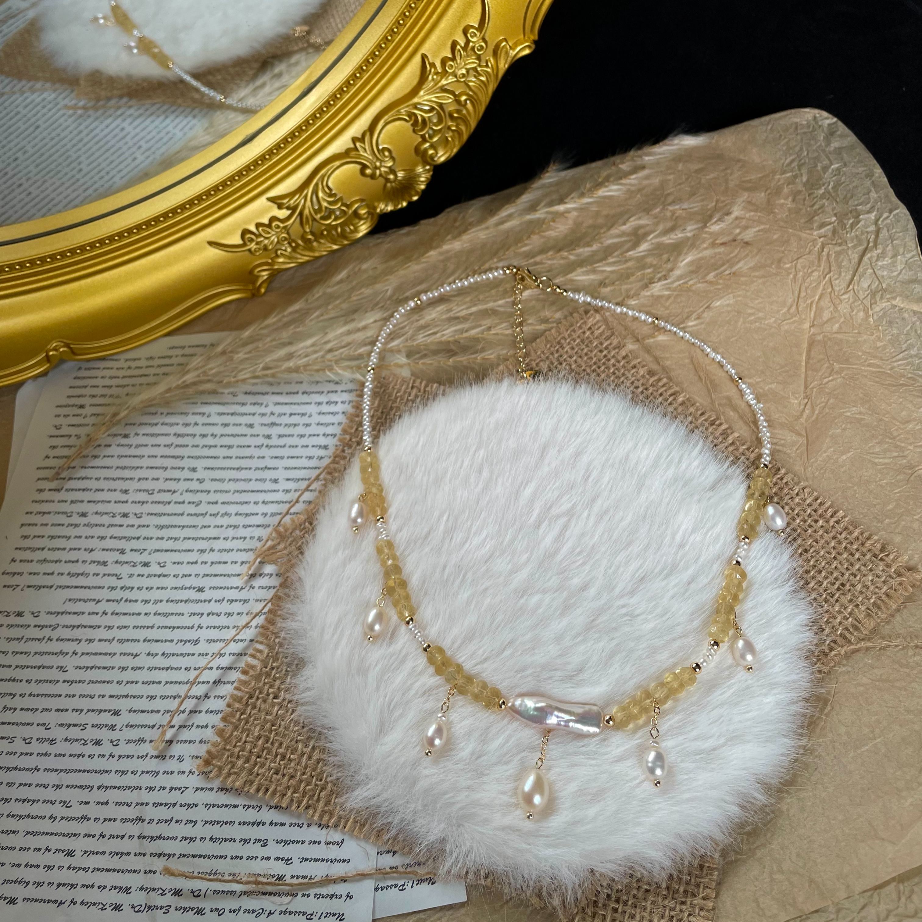 Handmade Dainty Pearl and Hand-Cut Citrine HEISHI Beads Necklace with Baroque Pearl Centre and Pearl Drops