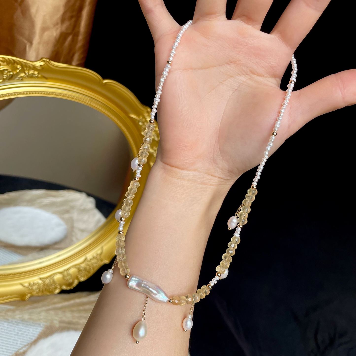 Handmade Dainty Pearl and Hand-Cut Citrine HEISHI Beads Necklace with Baroque Pearl Centre and Pearl Drops