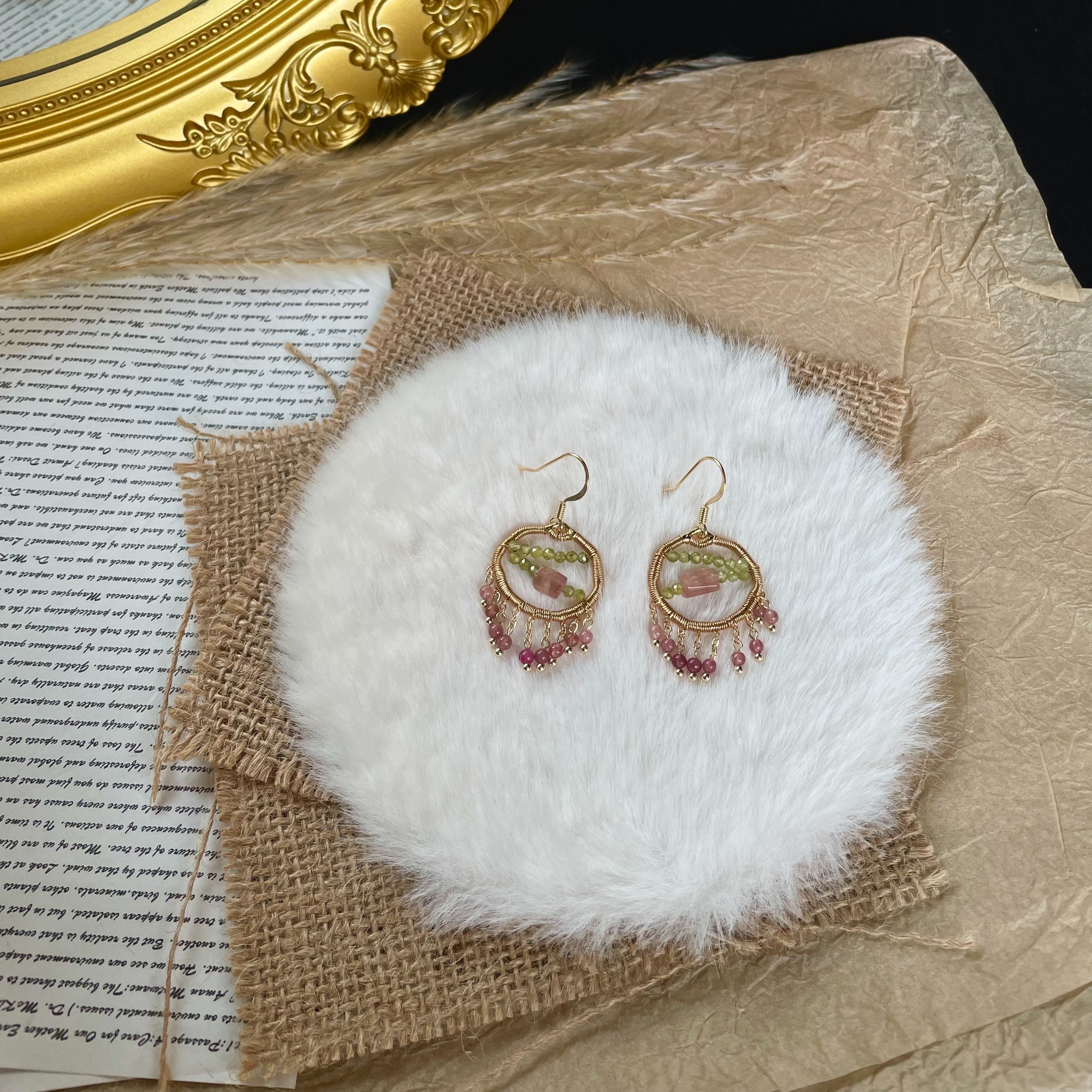 Handmade A Branch of Spring Peridot and Pink Tourmaline Wire Wrapped Earrings