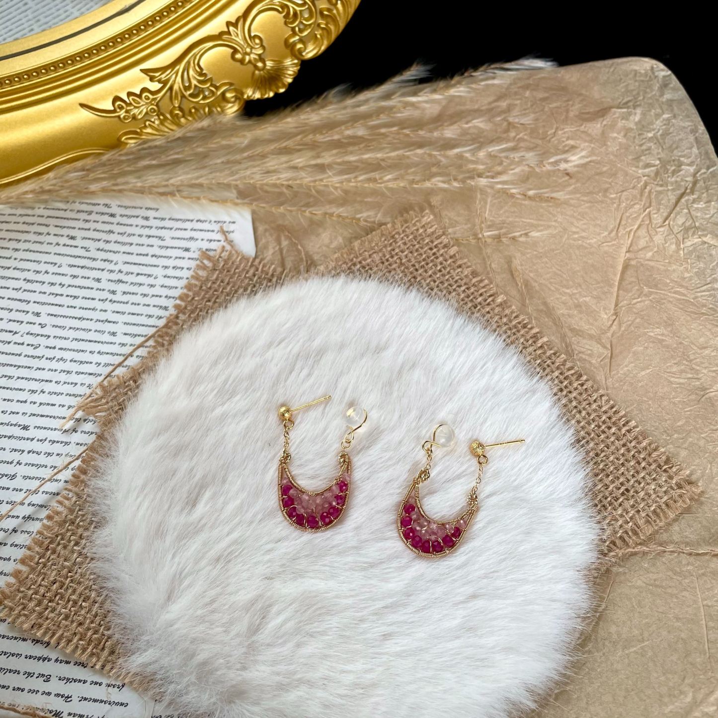 Handmade Rose Moon Ruby and Strawberry Quartz Wire Wrapped Earrings