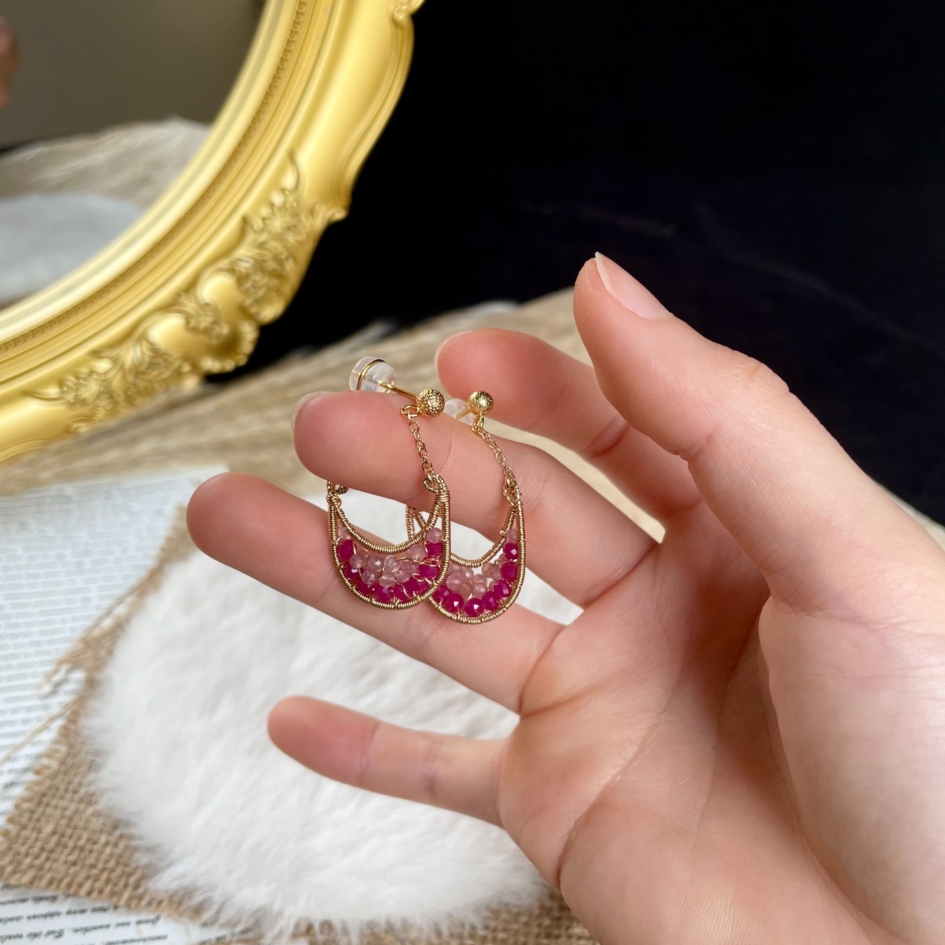 Handmade Rose Moon Ruby and Strawberry Quartz Wire Wrapped Earrings