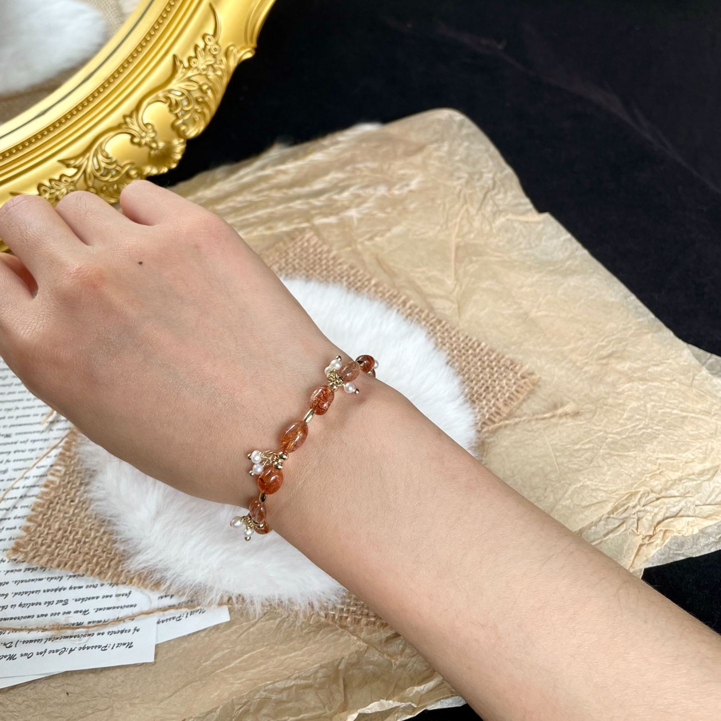 Golden Veins –Handmade Black Gold Super Seven Crystal and Freshwater Pearl Clusters Bracelet