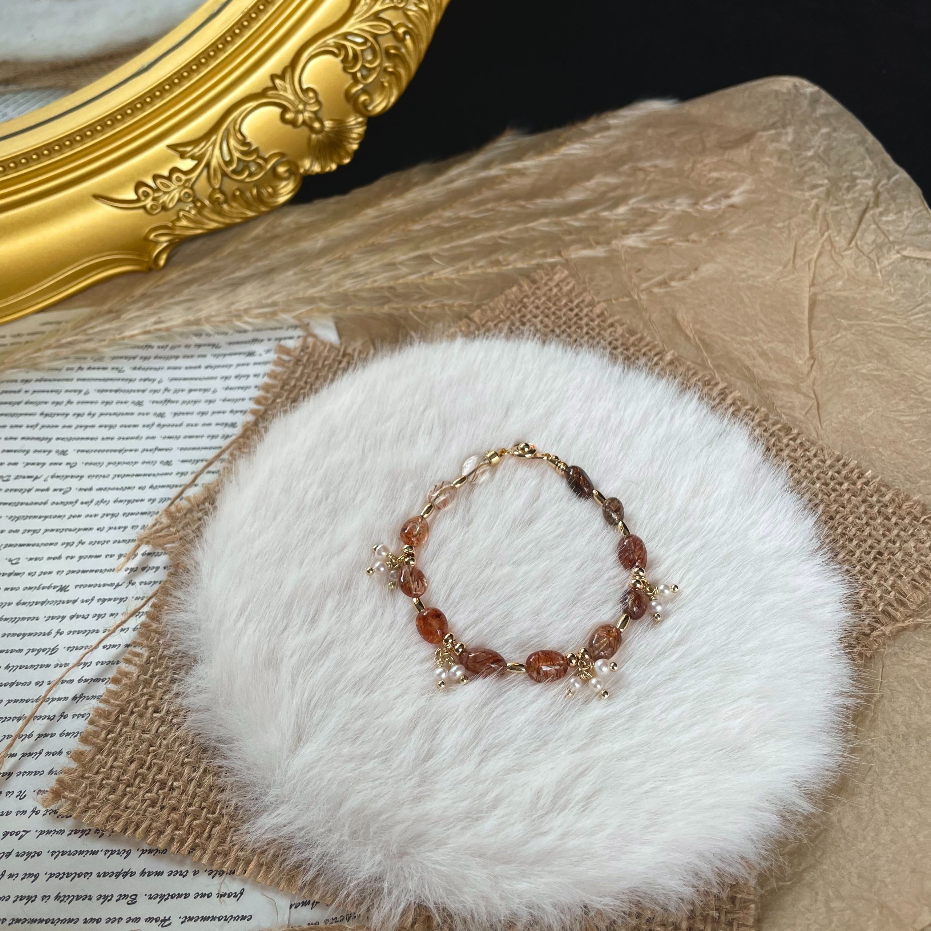 Golden Veins –Handmade Black Gold Super Seven Crystal and Freshwater Pearl Clusters Bracelet