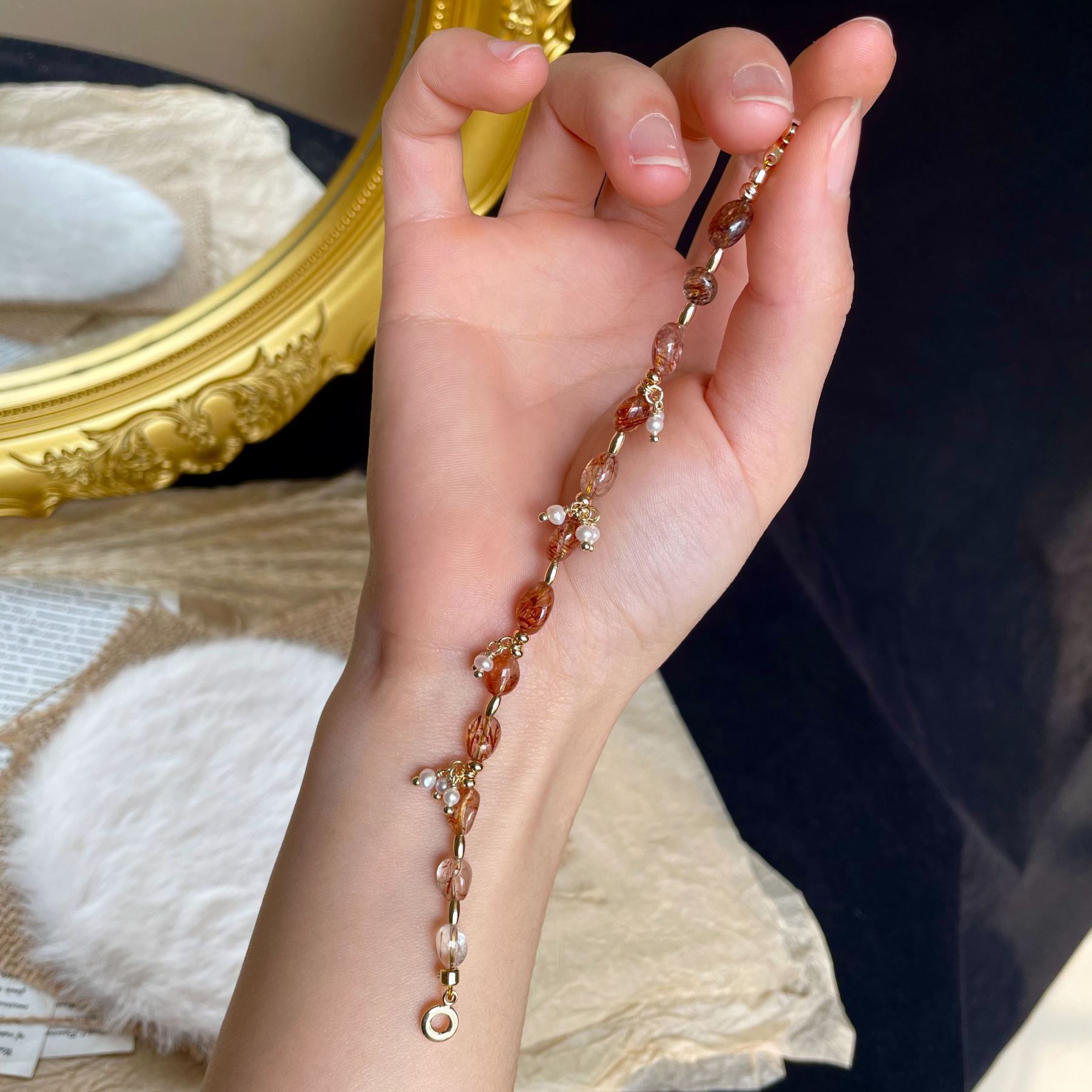 Golden Veins –Handmade Black Gold Super Seven Crystal and Freshwater Pearl Clusters Bracelet