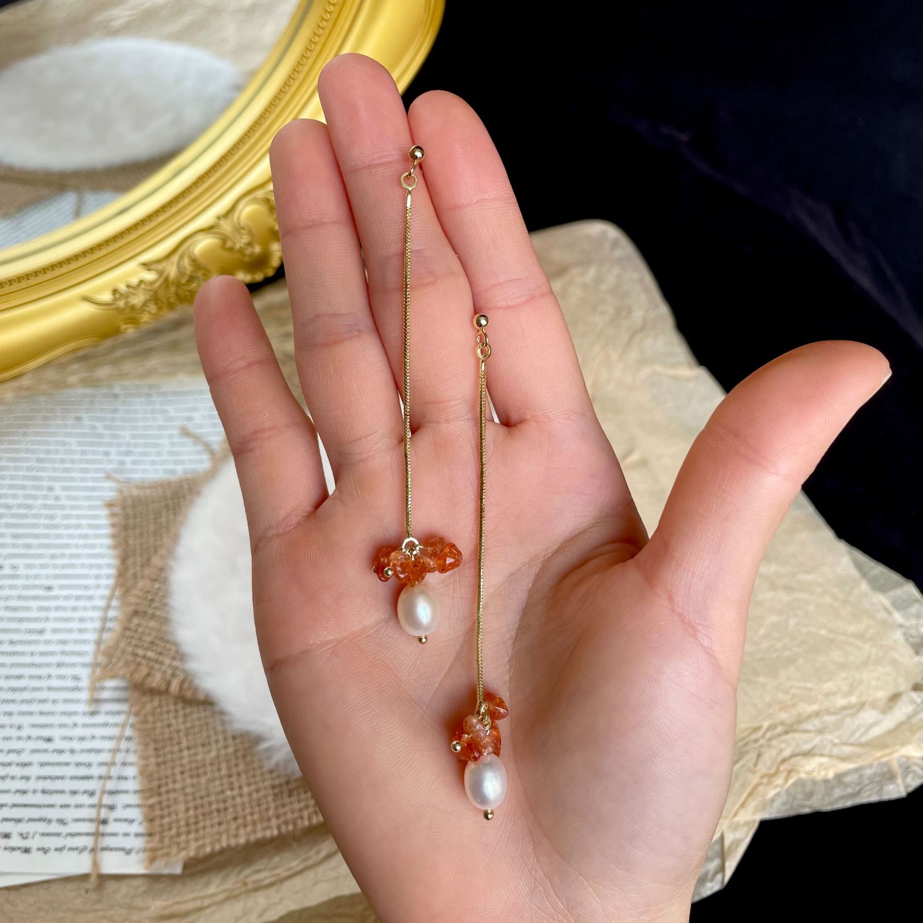 “Love Letter from the Sunset to the Sea” Handmade Gold Sunstone and Freshwater Pearl Long Earrings 