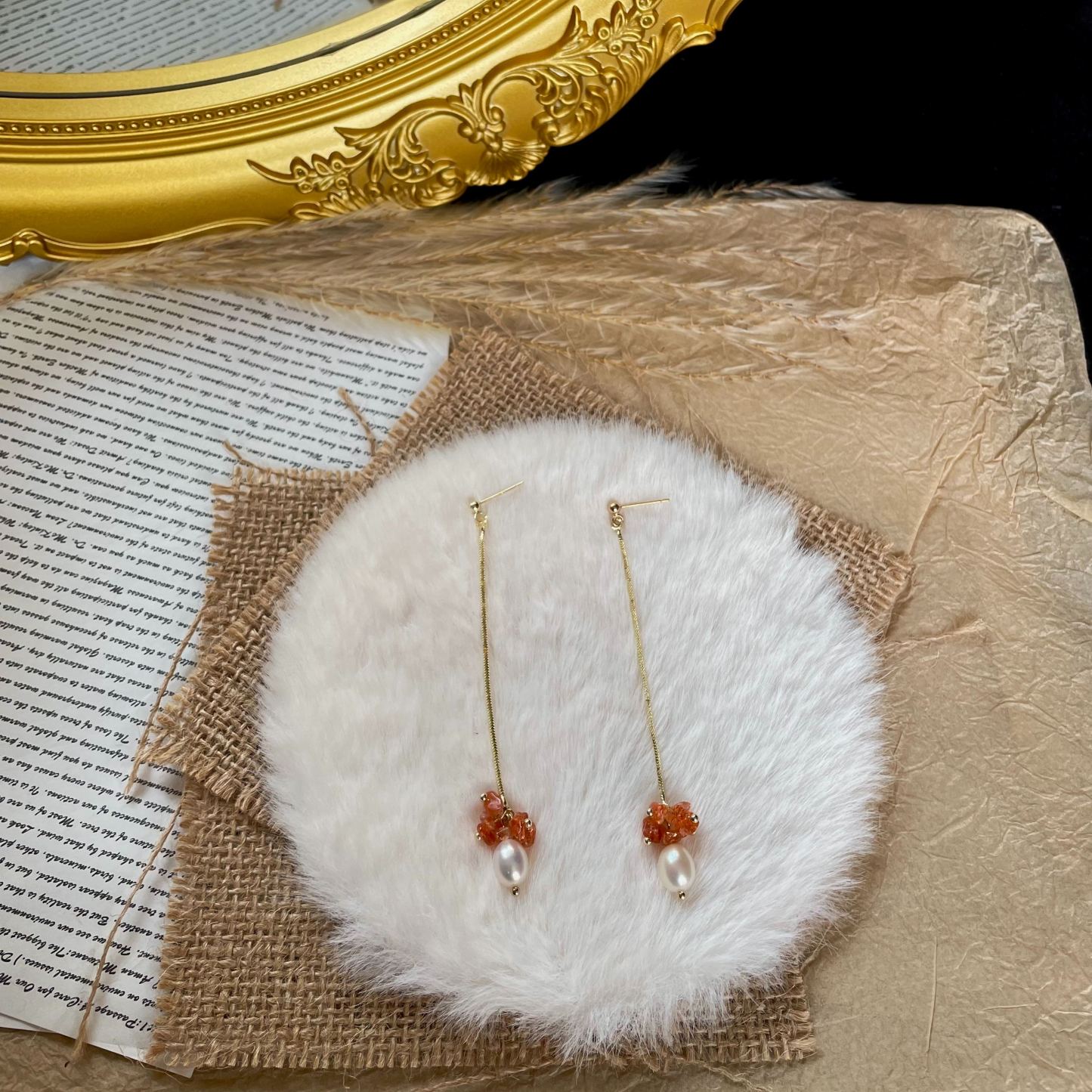 “Love Letter from the Sunset to the Sea” Handmade Gold Sunstone and Freshwater Pearl Long Earrings 