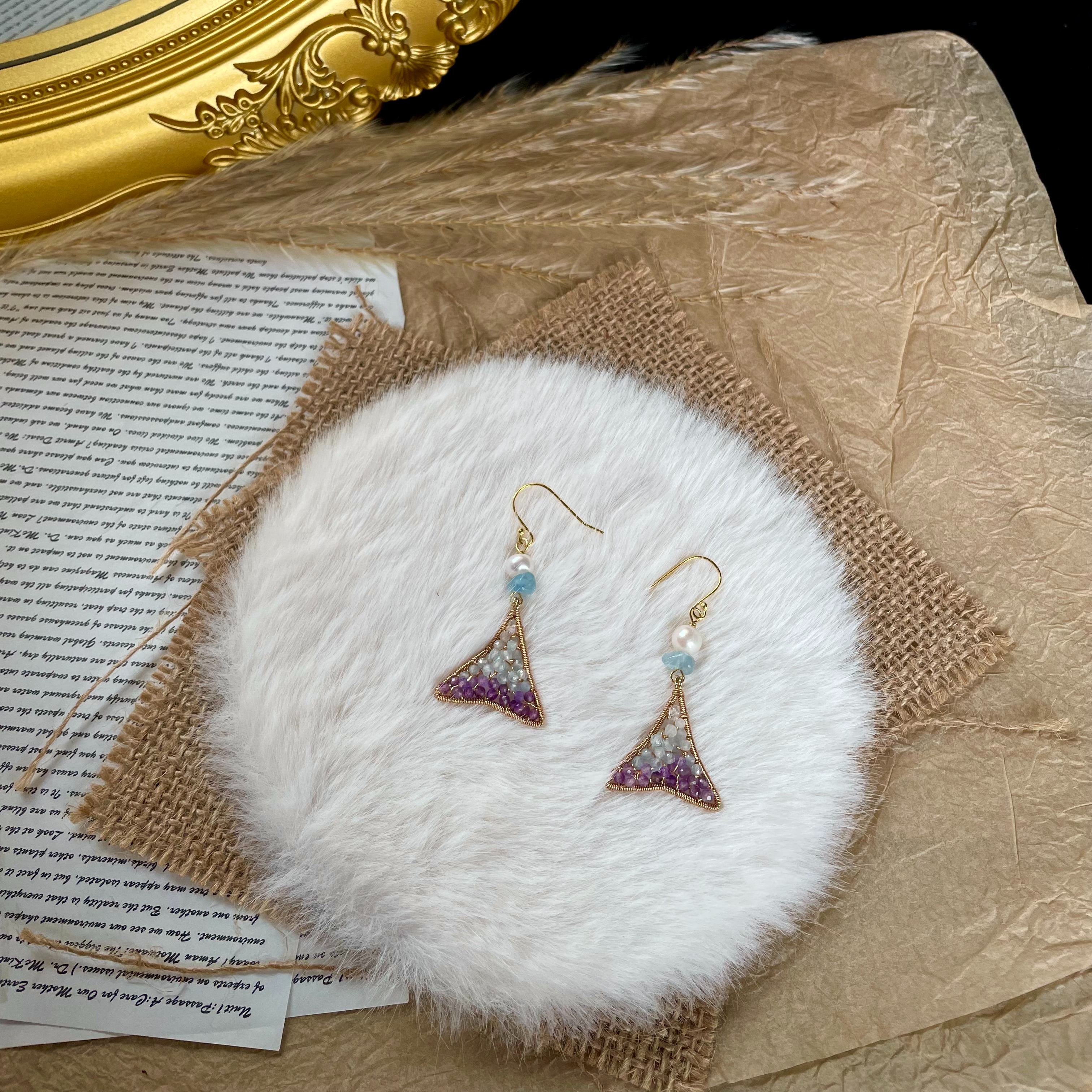 Mermaid’s Tail — Wire Wrapped Fishtail Earrings with Herkimer Diamond, Aquamarine and Amethyst