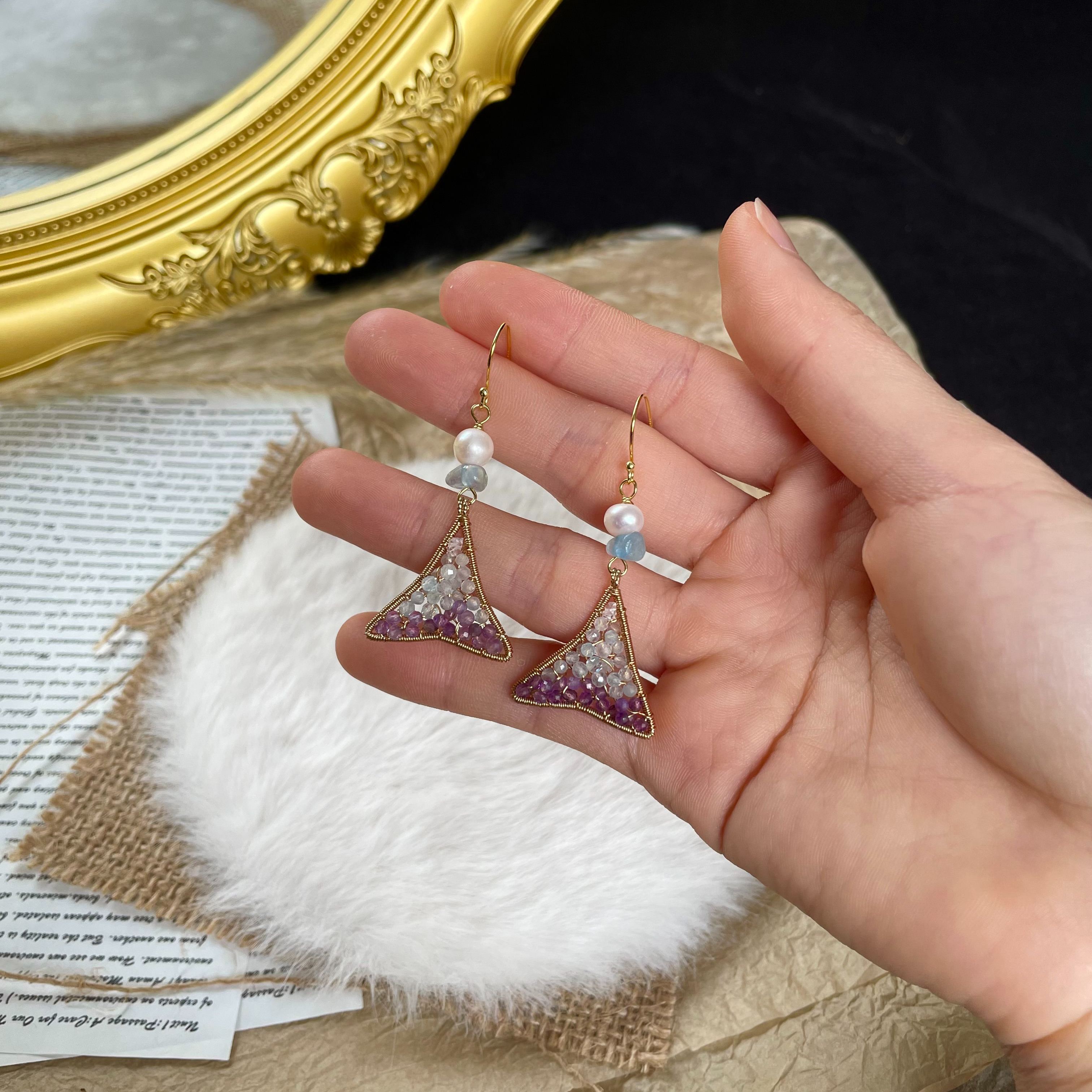 Mermaid’s Tail — Wire Wrapped Fishtail Earrings with Herkimer Diamond, Aquamarine and Amethyst