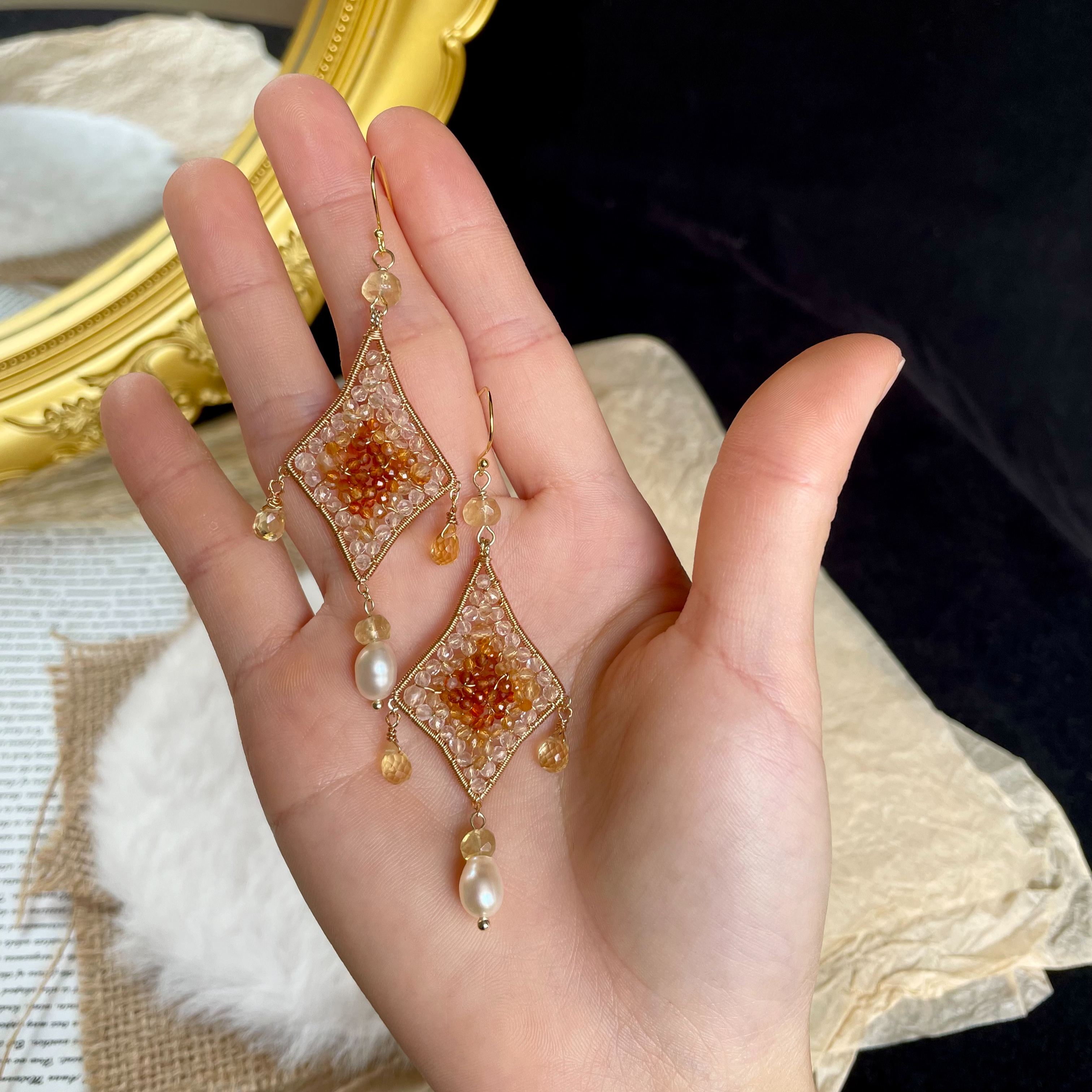 Star of Fire — Handmade Citrine, Carnelian and Hessonite Garnet Wire-Wrapped Earrings
