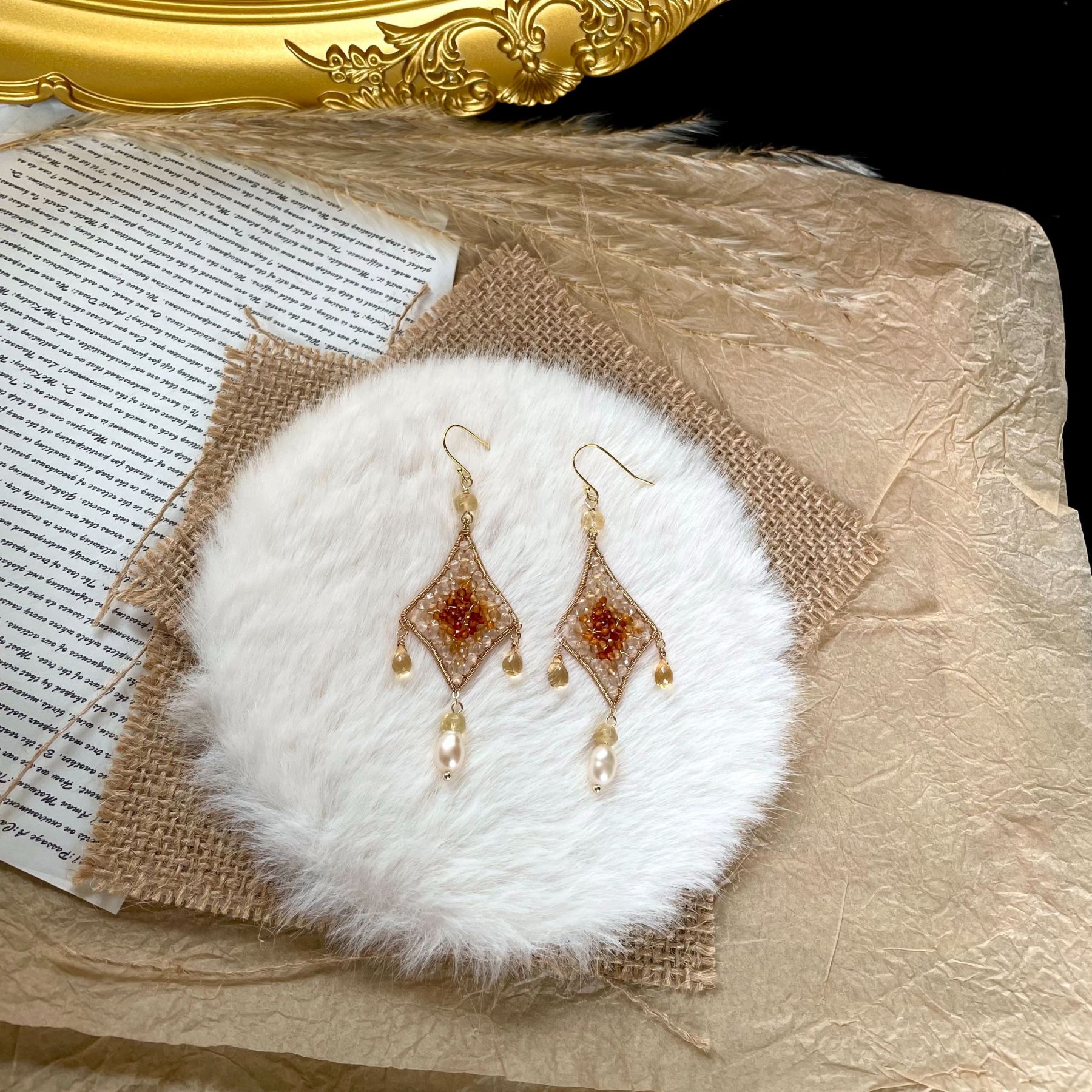 Star of Fire — Handmade Citrine, Carnelian and Hessonite Garnet Wire-Wrapped Earrings