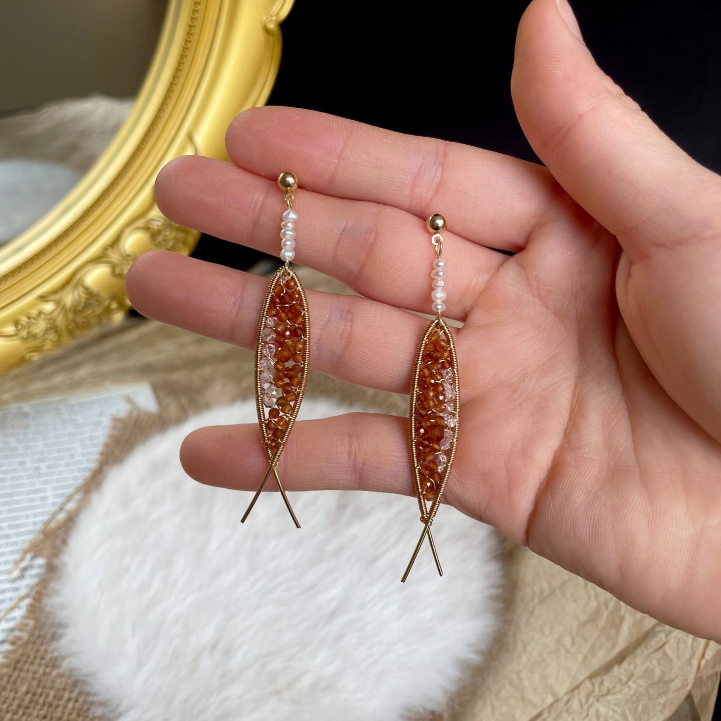 Symbol of Luck Koi Fish Earrings Wire Wrapped Hessonite Garnet and Herkimer Diamond