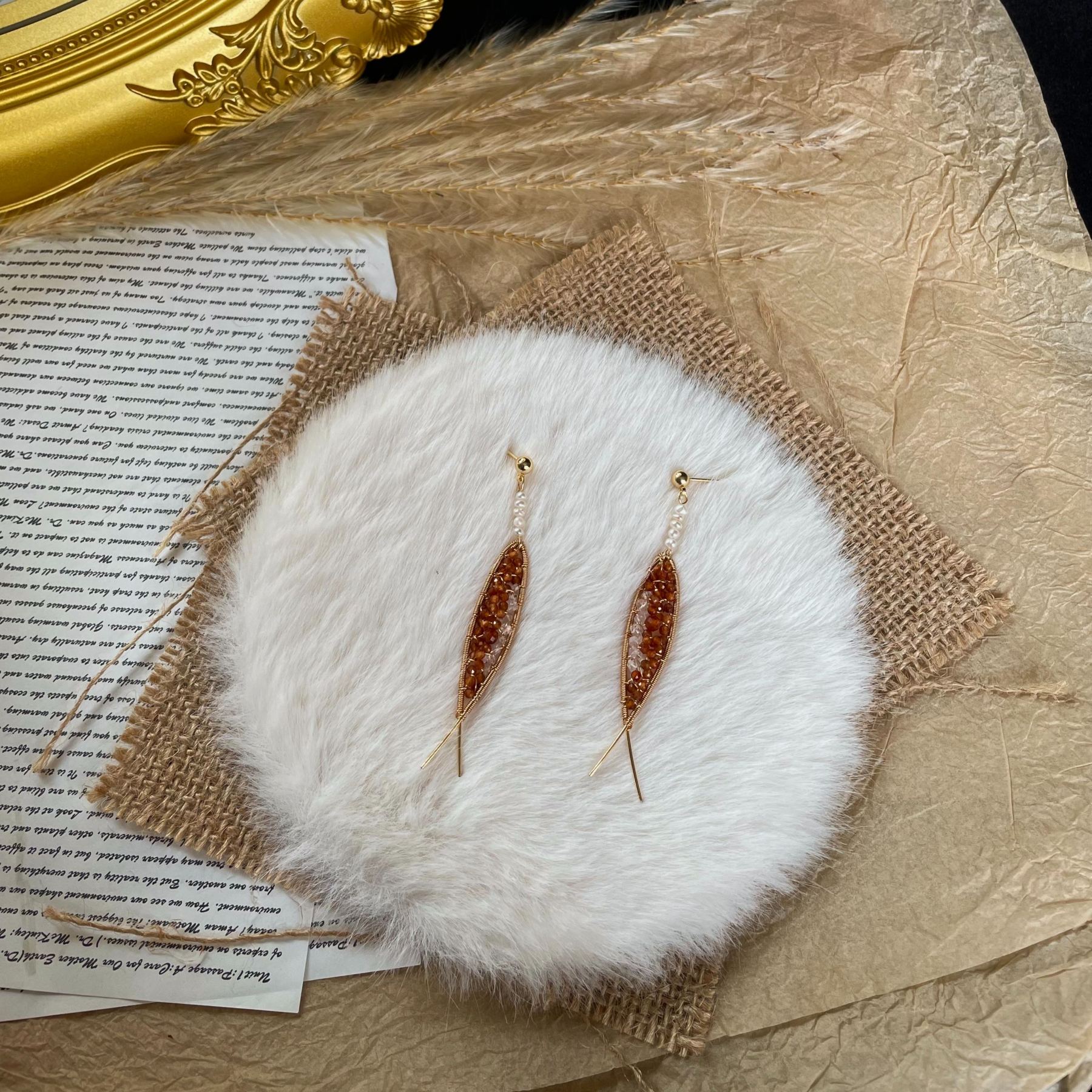 Symbol of Luck Koi Fish Earrings Wire Wrapped Hessonite Garnet and Herkimer Diamond