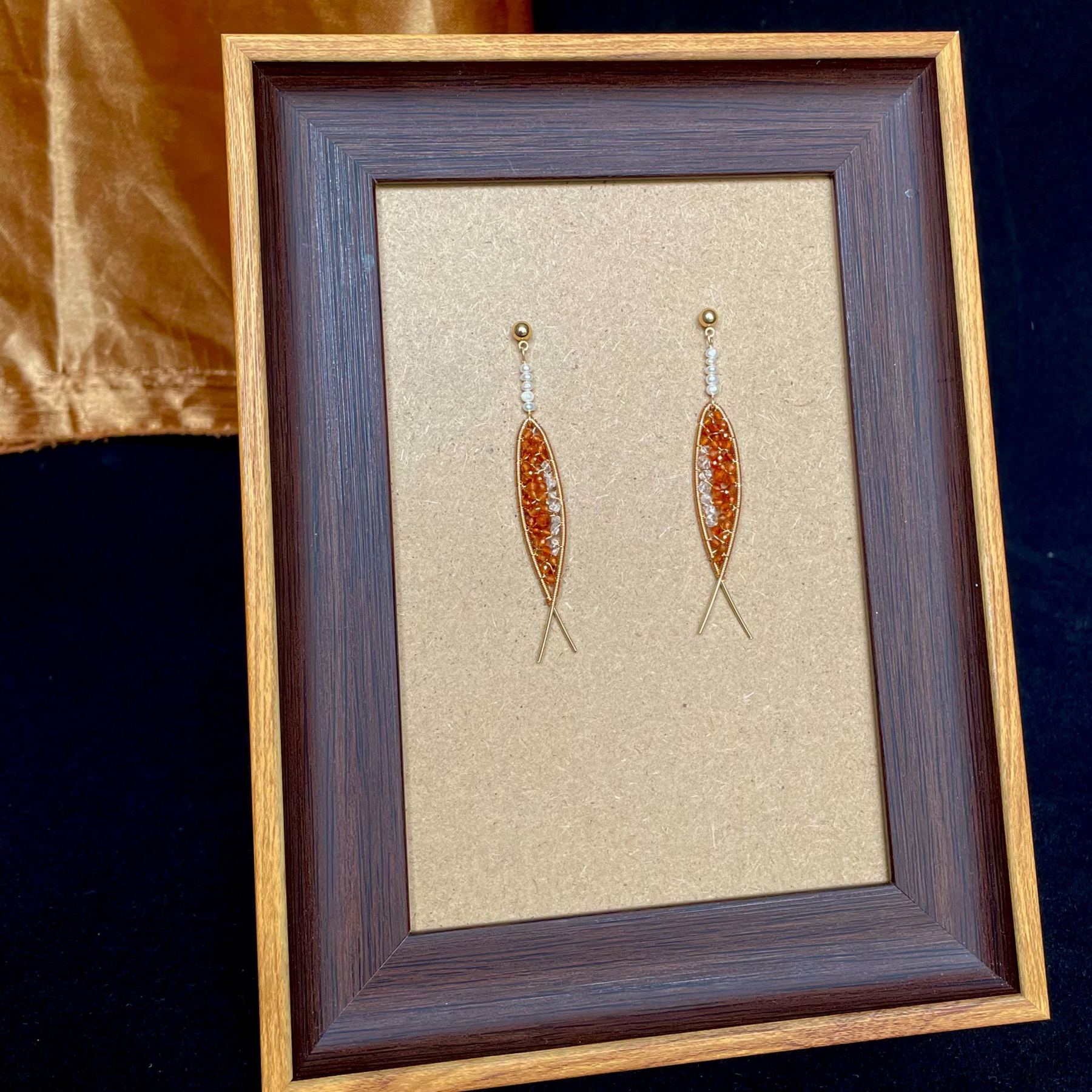 Symbol of Luck Koi Fish Earrings Wire Wrapped Hessonite Garnet and Herkimer Diamond